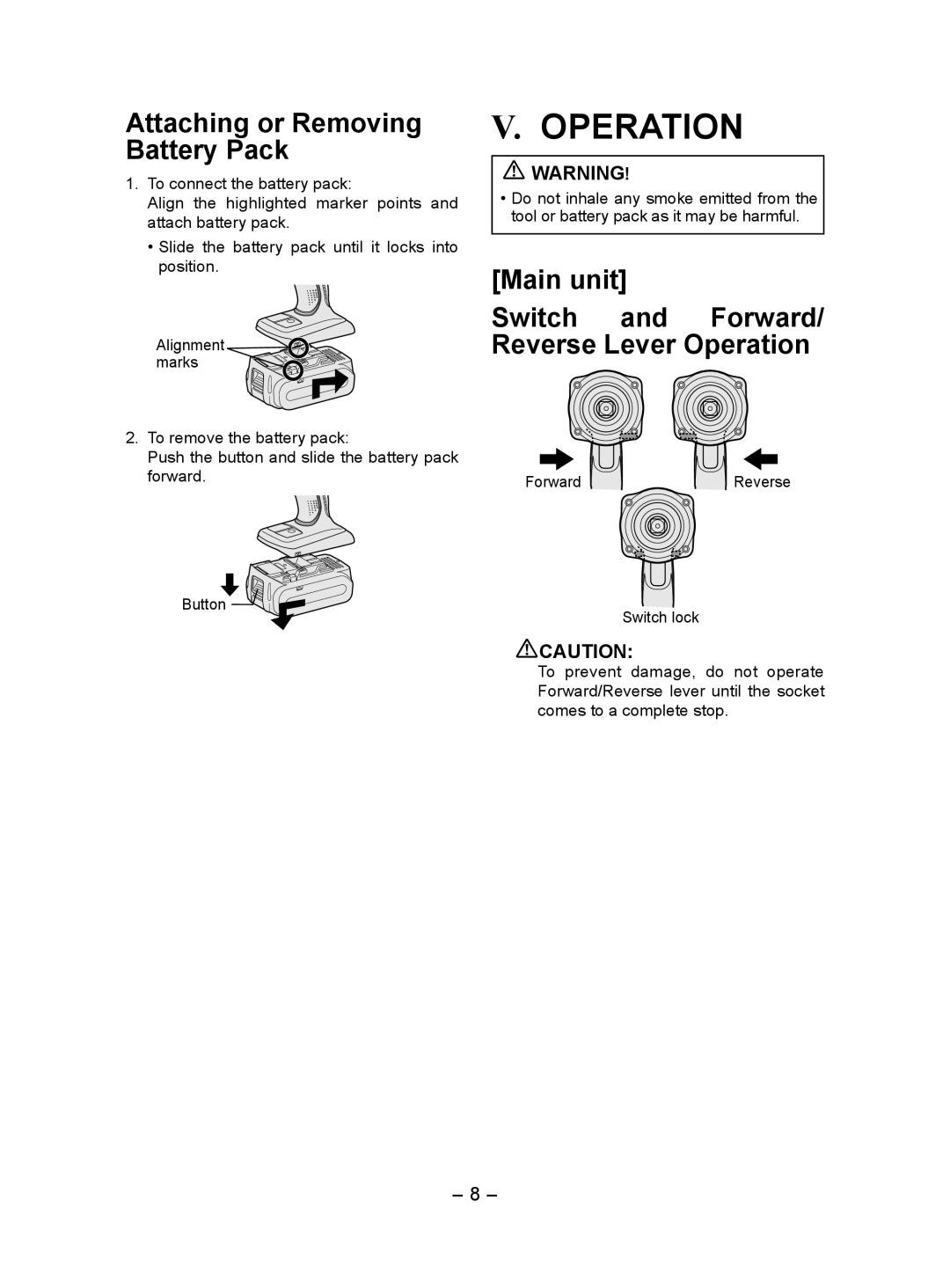 Panasonic EY7552 operating instructions Main unit Switch and Forward/ Reverse Lever Operation 