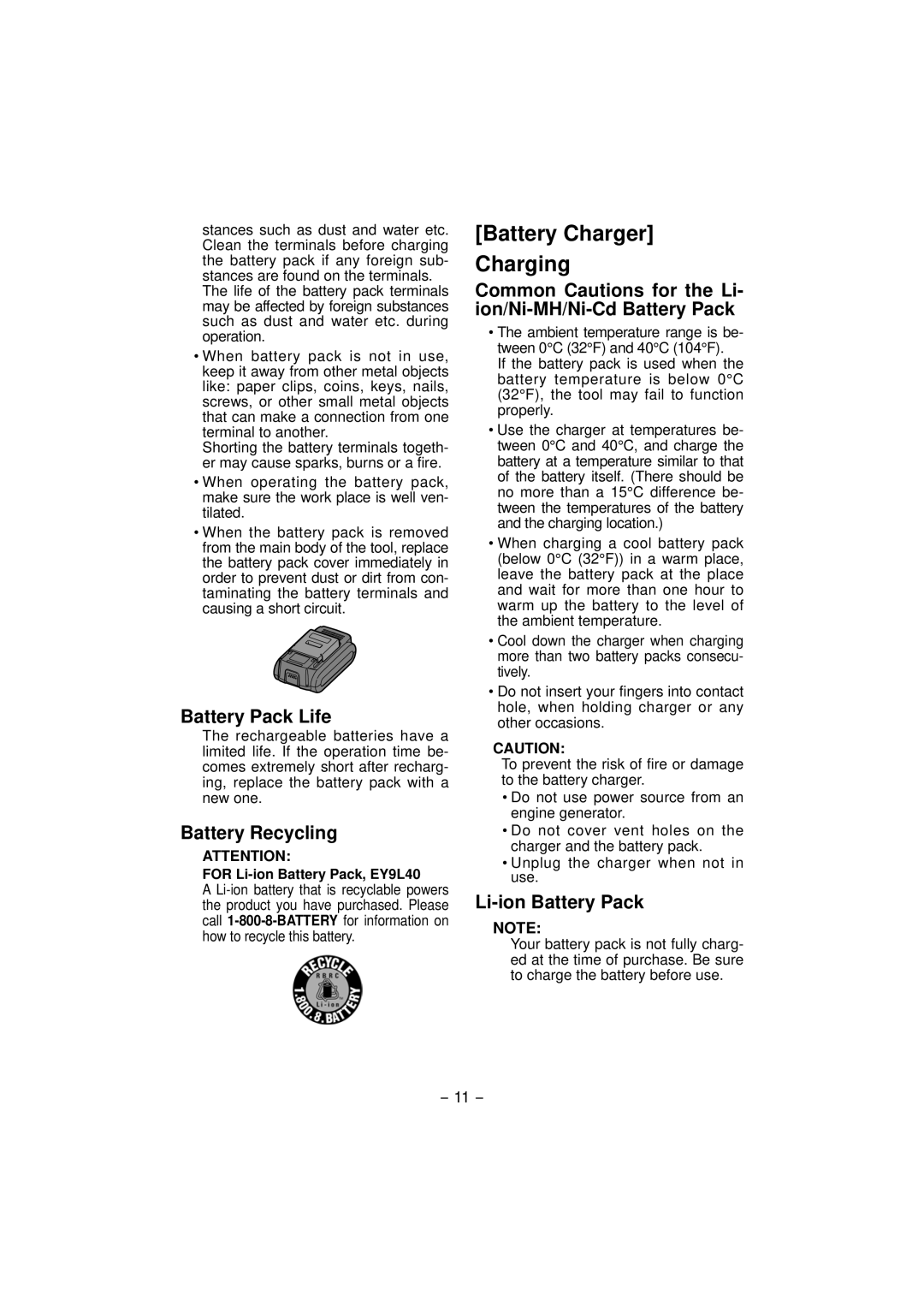 Panasonic EY7840 operating instructions Battery Charger Charging, Battery Pack Life, Battery Recycling, Li-ion Battery Pack 