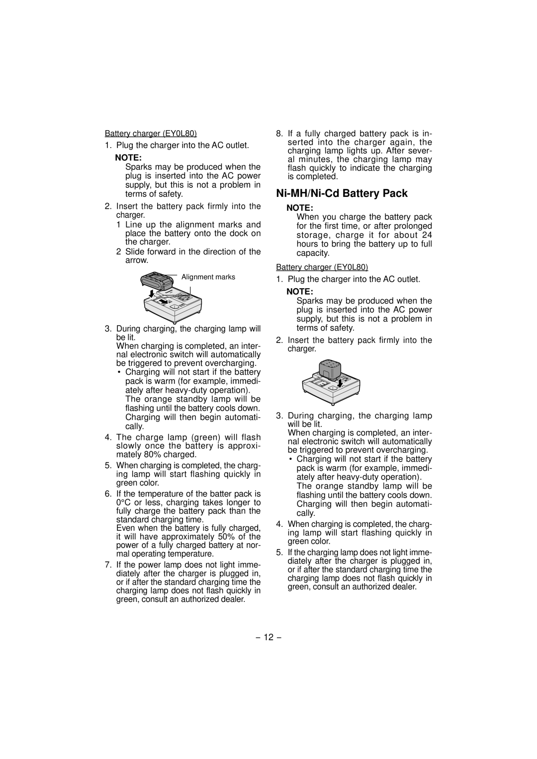 Panasonic EY7840 operating instructions Ni-MH/Ni-Cd Battery Pack, During charging, the charging lamp will be lit 