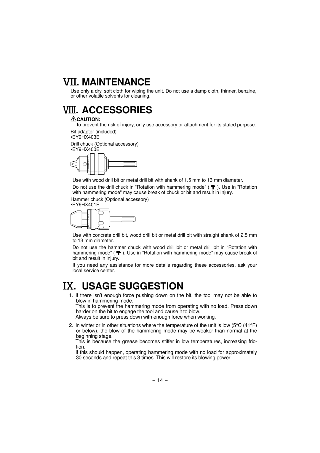 Panasonic EY7840 operating instructions Maintenance, Accessories, Usage Suggestion 