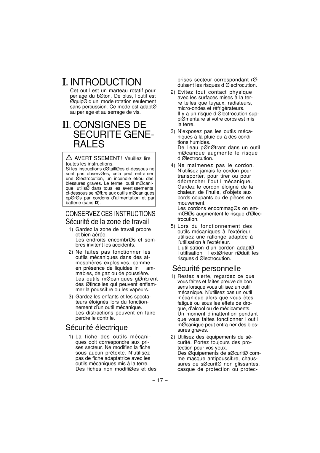 Panasonic EY7840 operating instructions Consignes DE Securite GENE- Rales, Sécurité électrique, Sécurité personnelle 