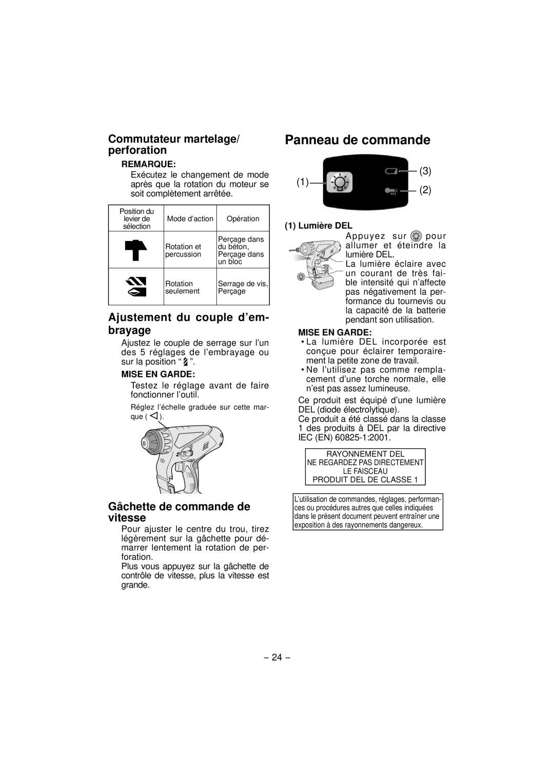 Panasonic EY7840 Panneau de commande, Commutateur martelage/ perforation, Ajustement du couple d’em- brayage, Remarque 