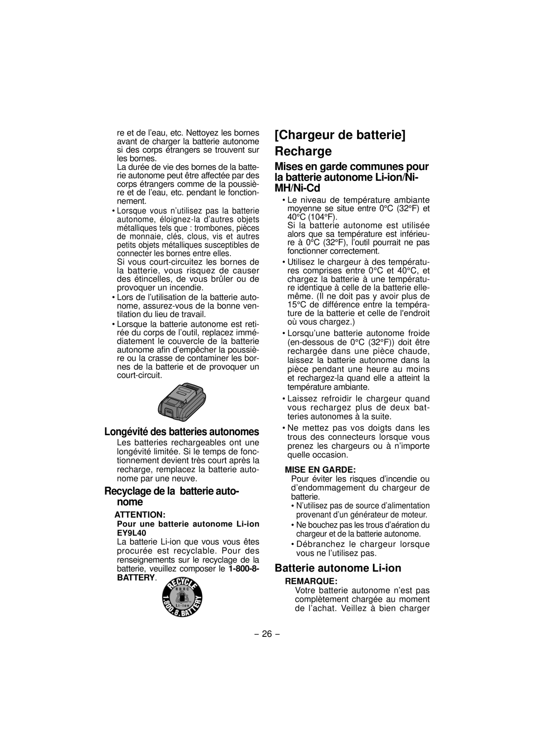 Panasonic EY7840 Chargeur de batterie Recharge, Recyclage de la batterie auto- nome, Batterie autonome Li-ion, Battery 