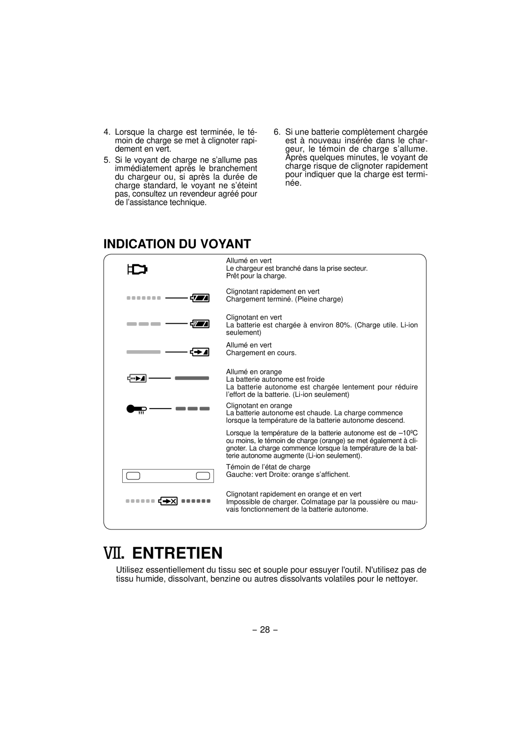 Panasonic EY7840 operating instructions Entretien, Indication DU Voyant 