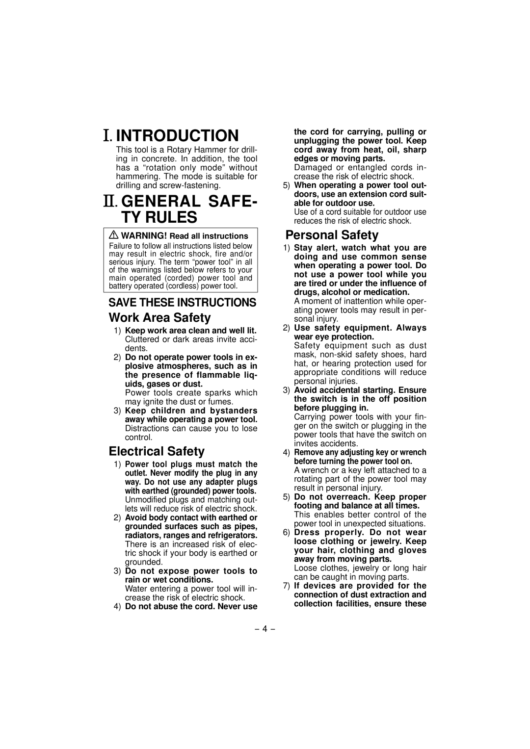 Panasonic EY7840 Introduction, General Safe TY Rules, Work Area Safety, Electrical Safety, Personal Safety 