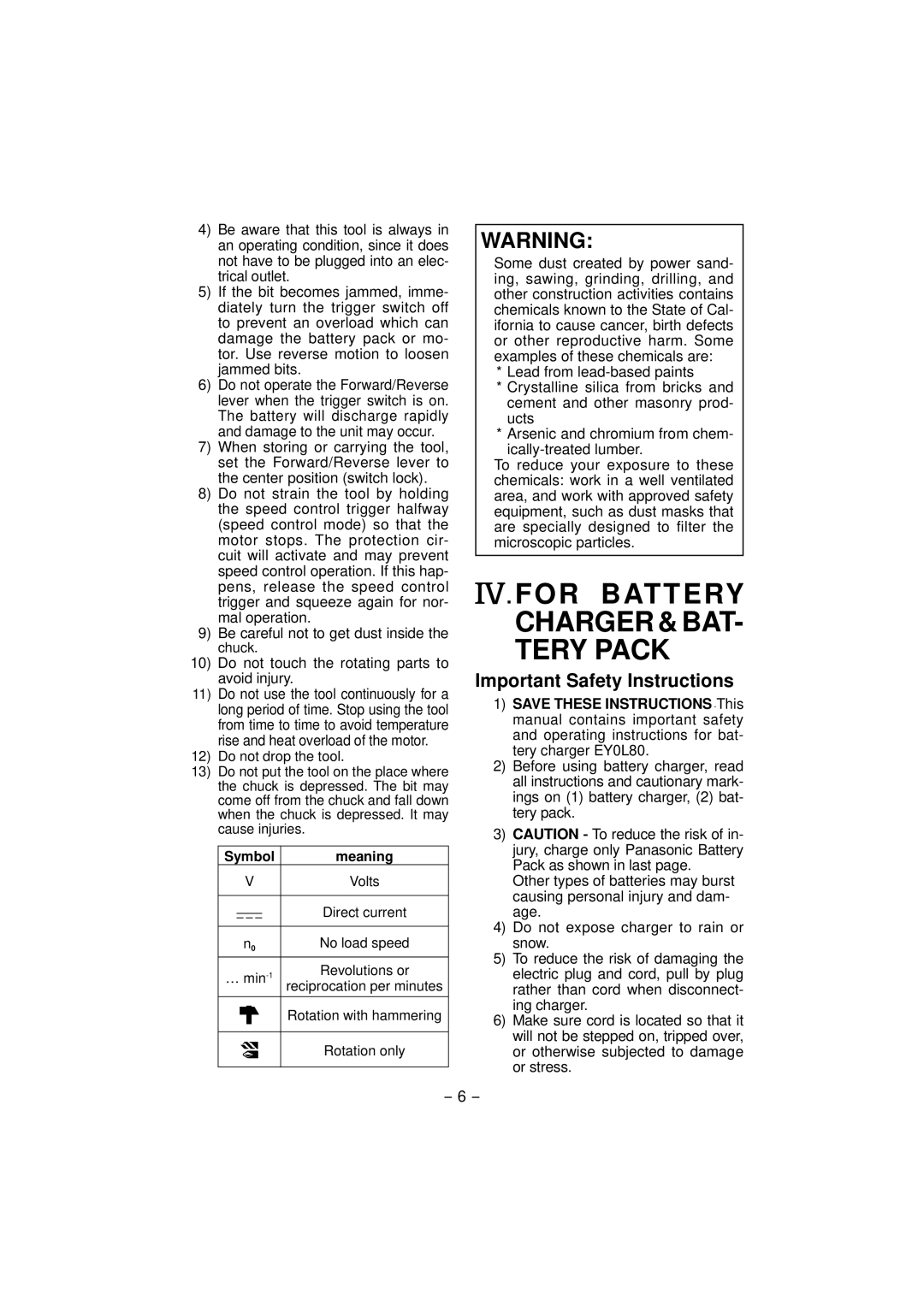 Panasonic EY7840 operating instructions For Battery, Important Safety Instructions, Symbol Meaning 