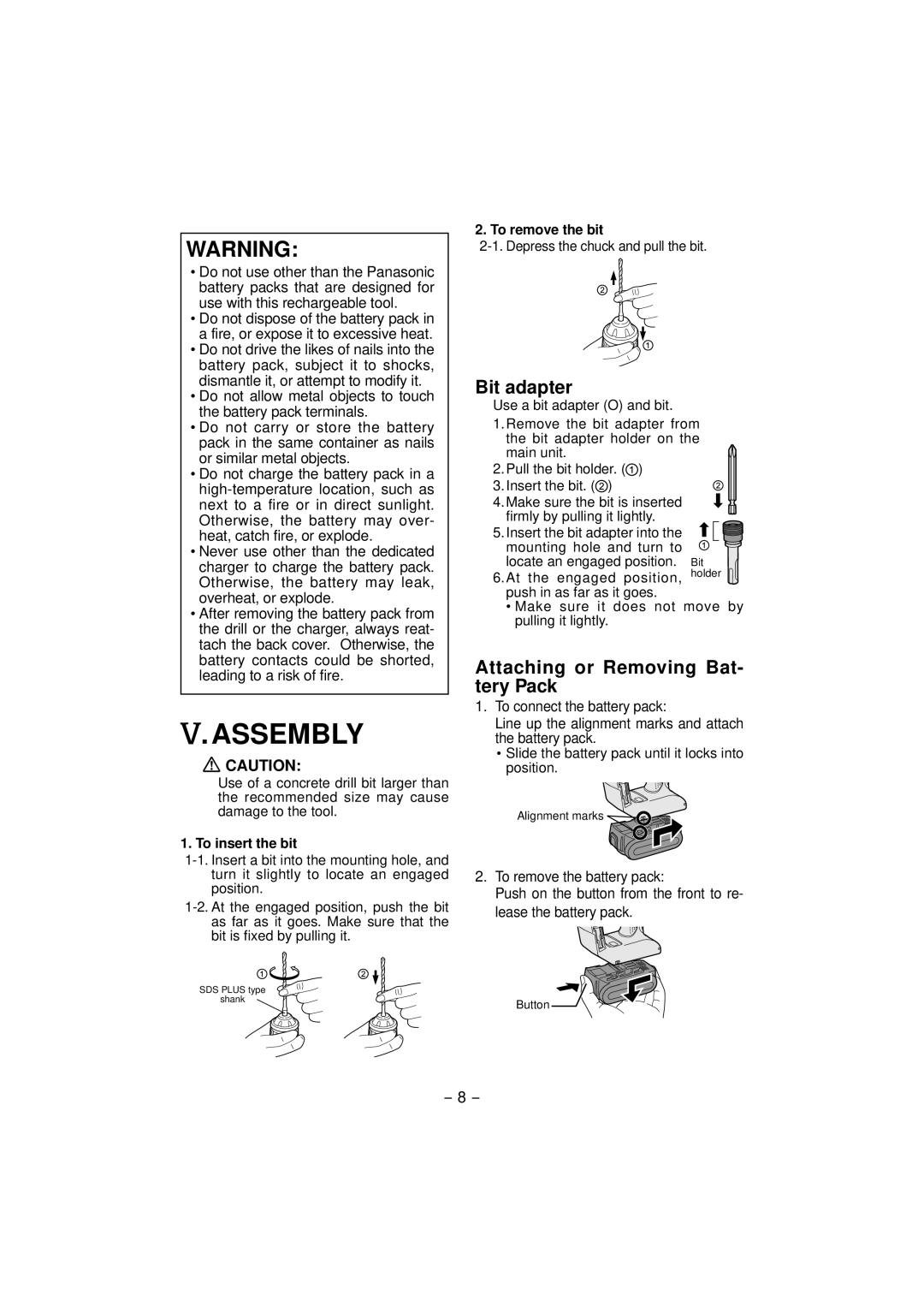 Panasonic EY7840 operating instructions Assembly, Bit adapter, To insert the bit, To remove the bit 