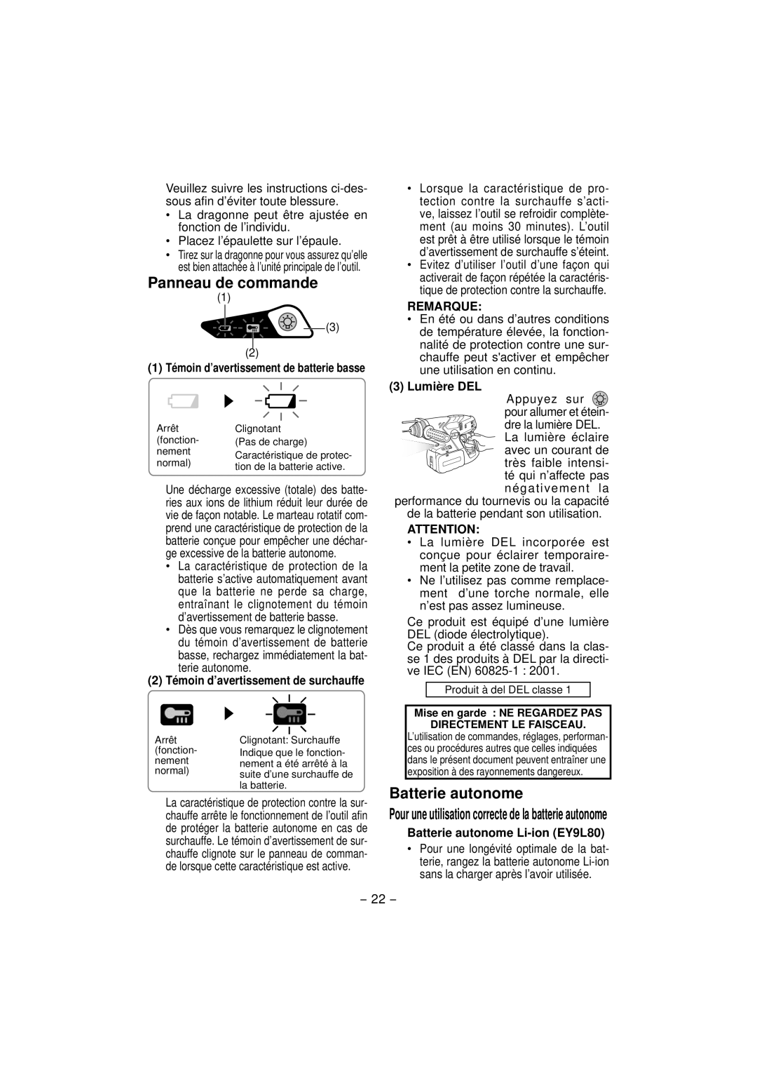 Panasonic EY7880 operating instructions Panneau de commande, Lumière DEL, Batterie autonome Li-ion EY9L80 