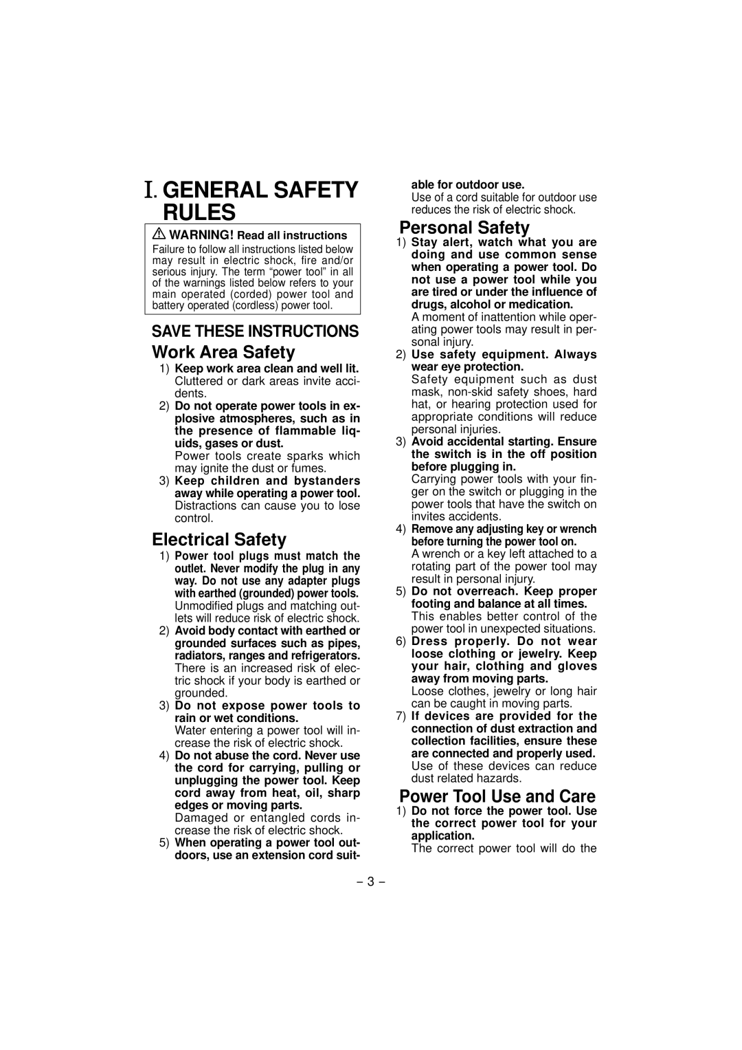 Panasonic EY7880 General Safety Rules, Work Area Safety, Electrical Safety, Personal Safety, Power Tool Use and Care 