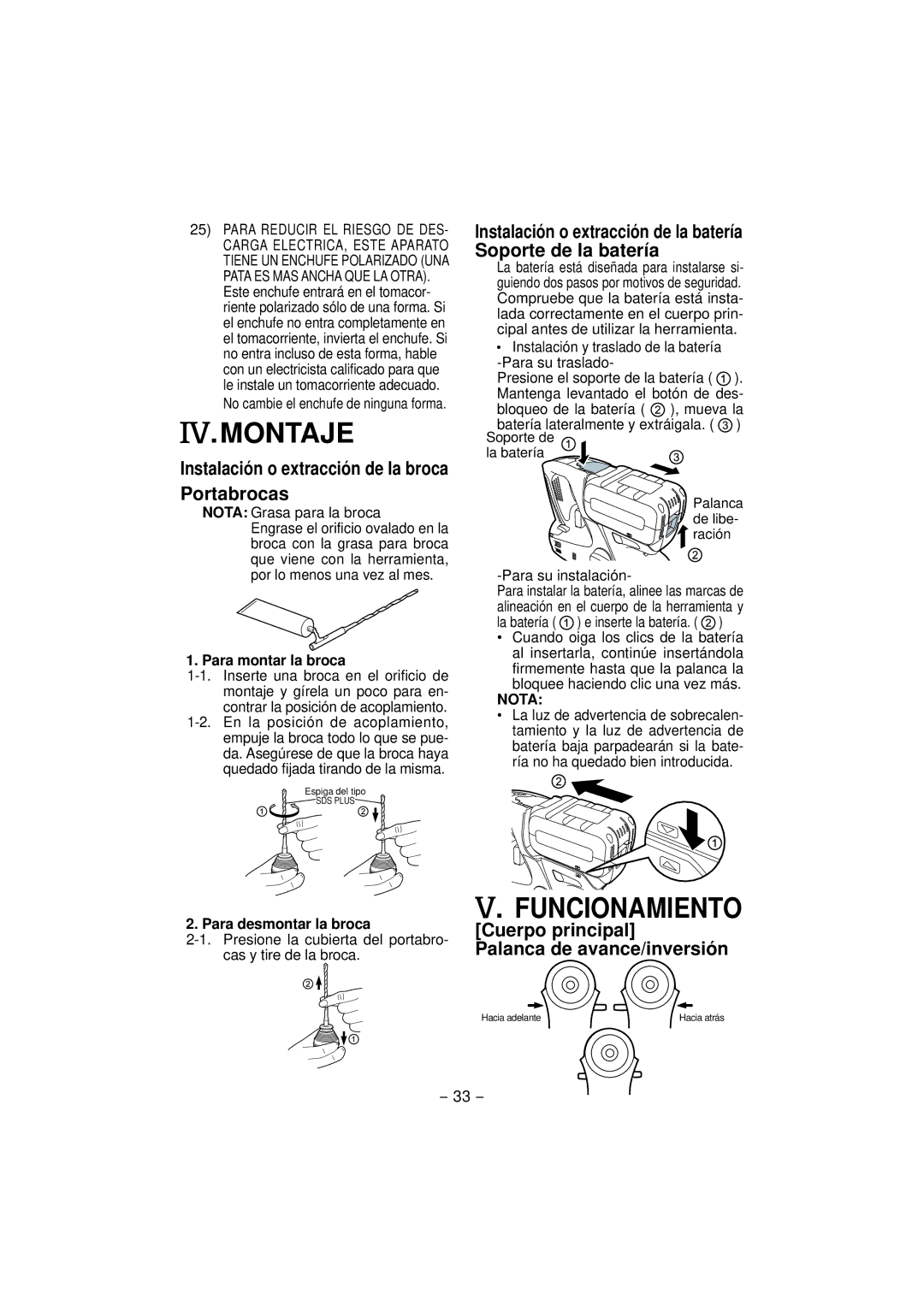 Panasonic EY7880 operating instructions Montaje, Funcionamiento, Instalación o extracción de la broca Portabrocas, Nota 