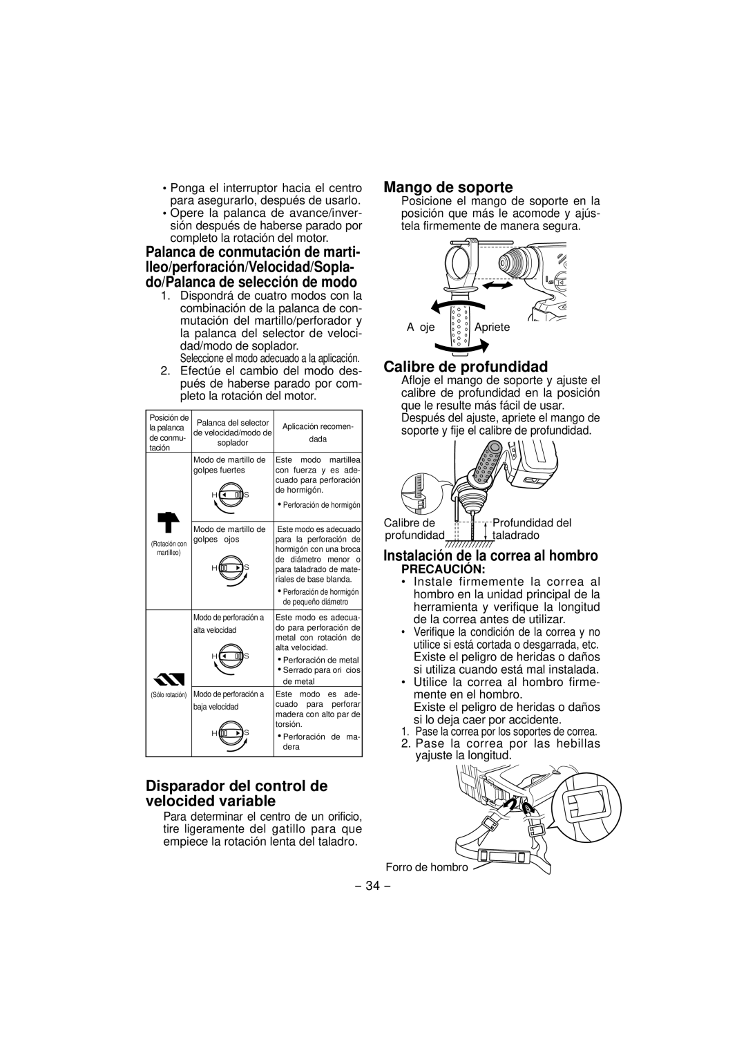 Panasonic EY7880 Mango de soporte, Calibre de profundidad, Instalación de la correa al hombro, Precaución 