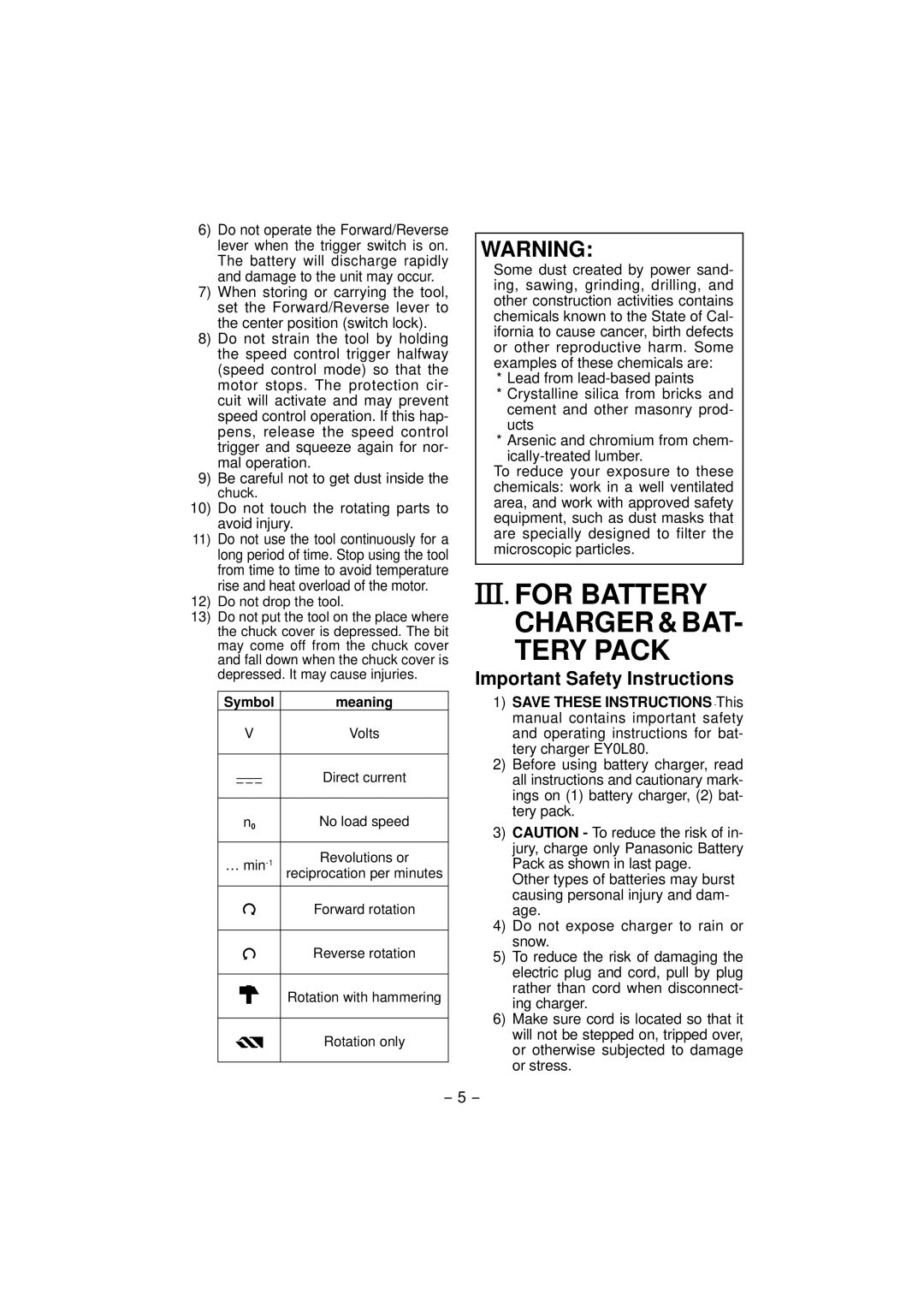 Panasonic EY7880 operating instructions For Battery, Important Safety Instructions, Symbol Meaning 