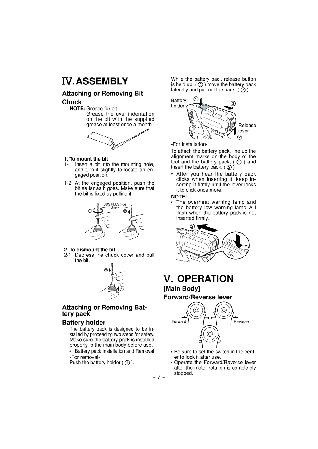 Panasonic EY7880 Assembly, Operation, Attaching or Removing Bit Chuck, To mount the bit, To dismount the bit 