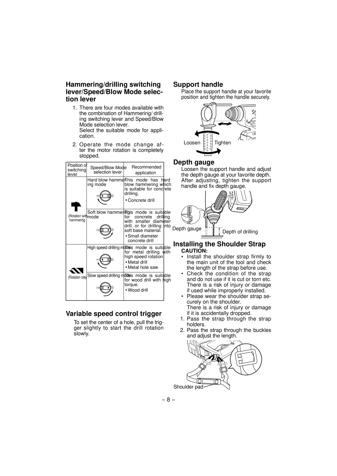 Panasonic EY7880 Variable speed control trigger, Support handle, Depth gauge, Installing the Shoulder Strap 