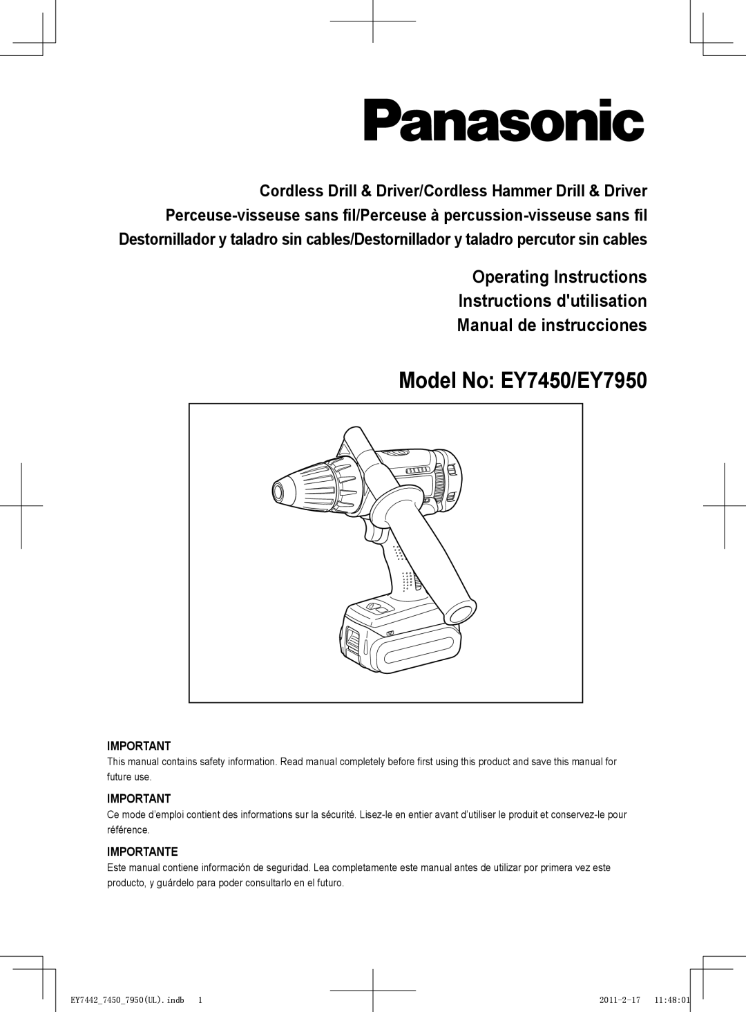 Panasonic operating instructions Model No EY7450/EY7950, Importante 