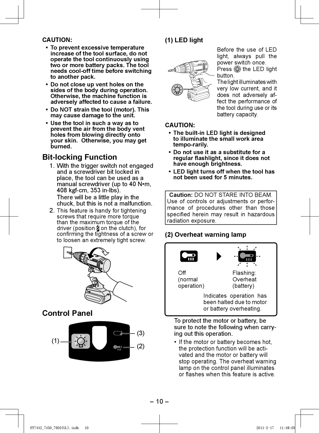 Panasonic EY7950, EY7450 operating instructions Bit-locking Function, Control Panel, LED light, Overheat warning lamp 