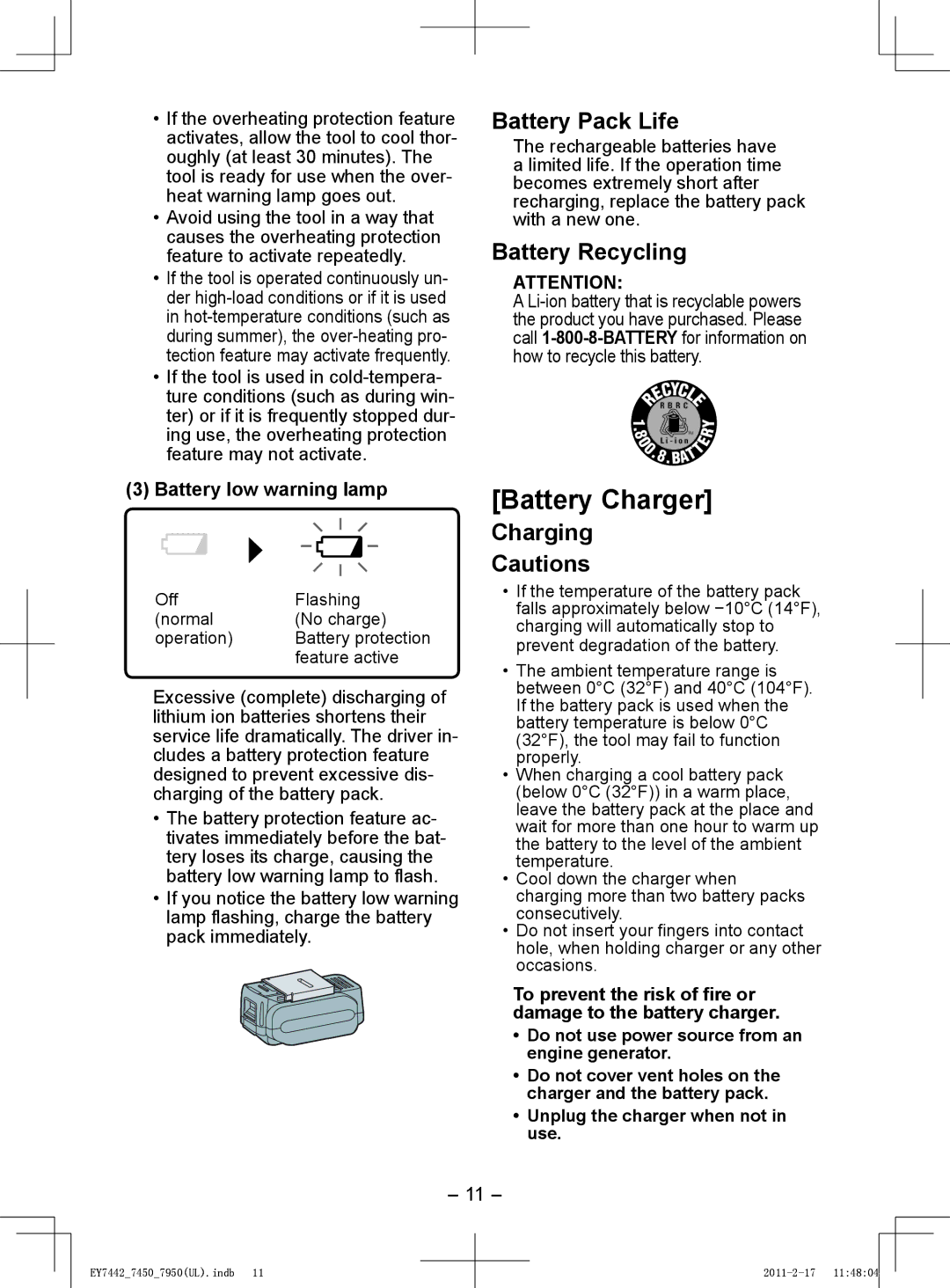 Panasonic EY7450, EY7950 Battery Charger, Battery Pack Life, Battery Recycling, Charging, Battery low warning lamp 