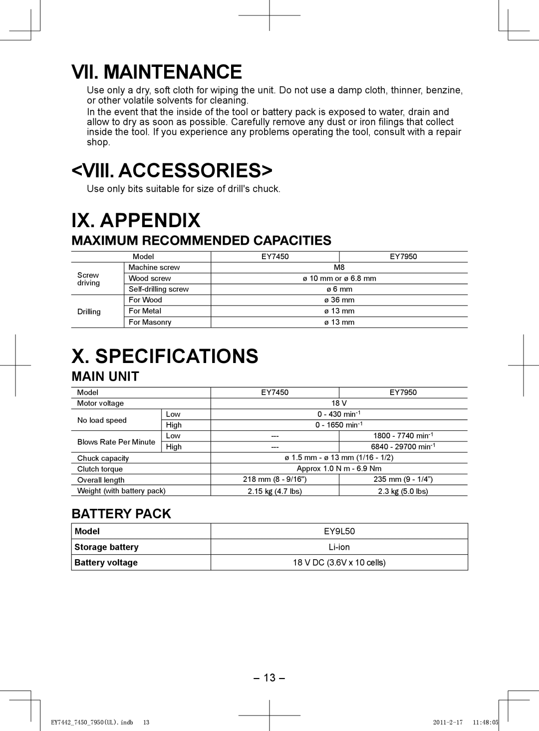 Panasonic EY7450, EY7950 operating instructions VII. Maintenance, VIII. Accessories, IX. Appendix, Specifications 