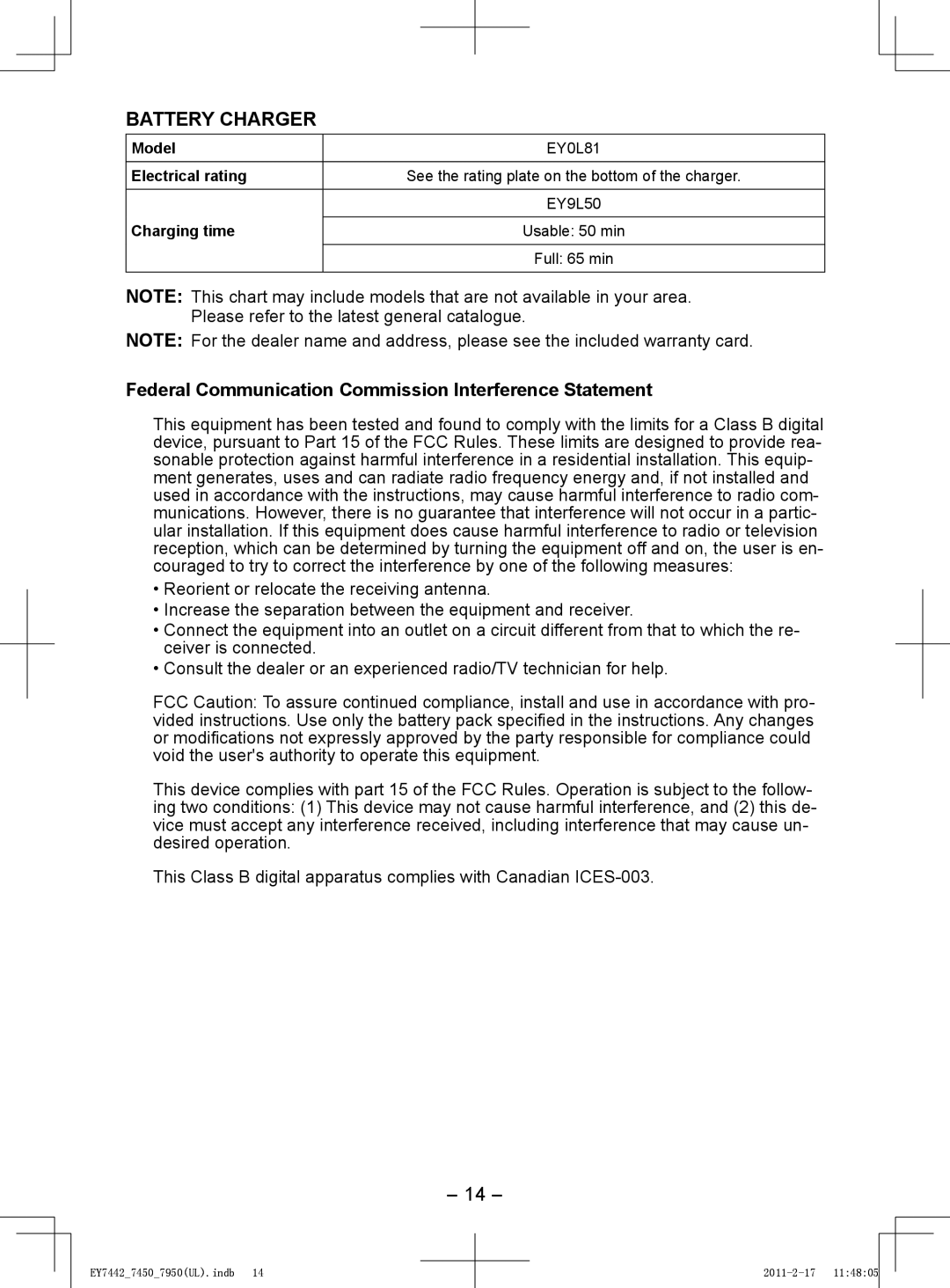 Panasonic EY7950, EY7450 operating instructions Battery Charger, Federal Communication Commission Interference Statement 