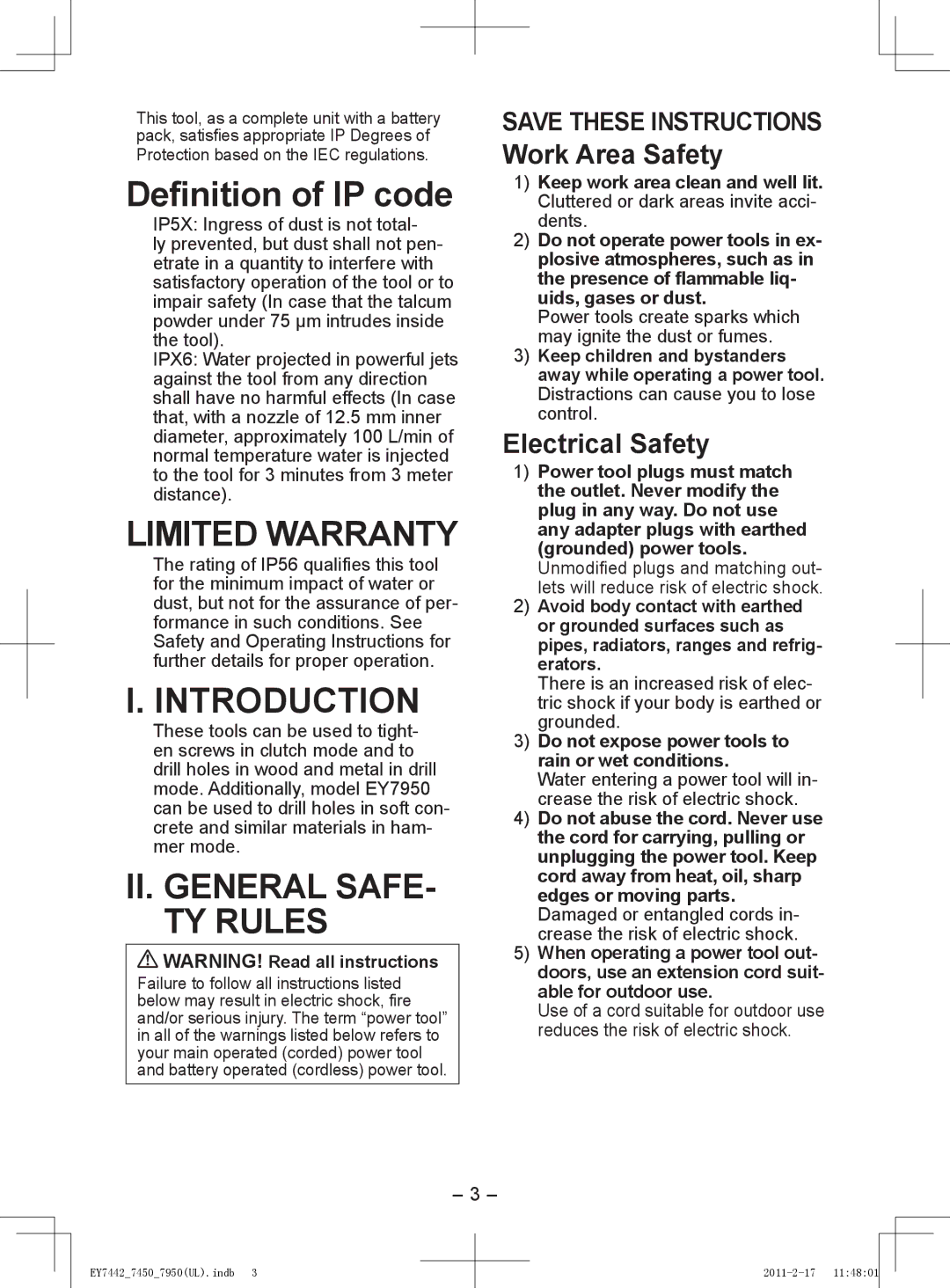 Panasonic EY7450, EY7950 operating instructions Limited Warranty, Introduction, Work Area Safety, Electrical Safety 