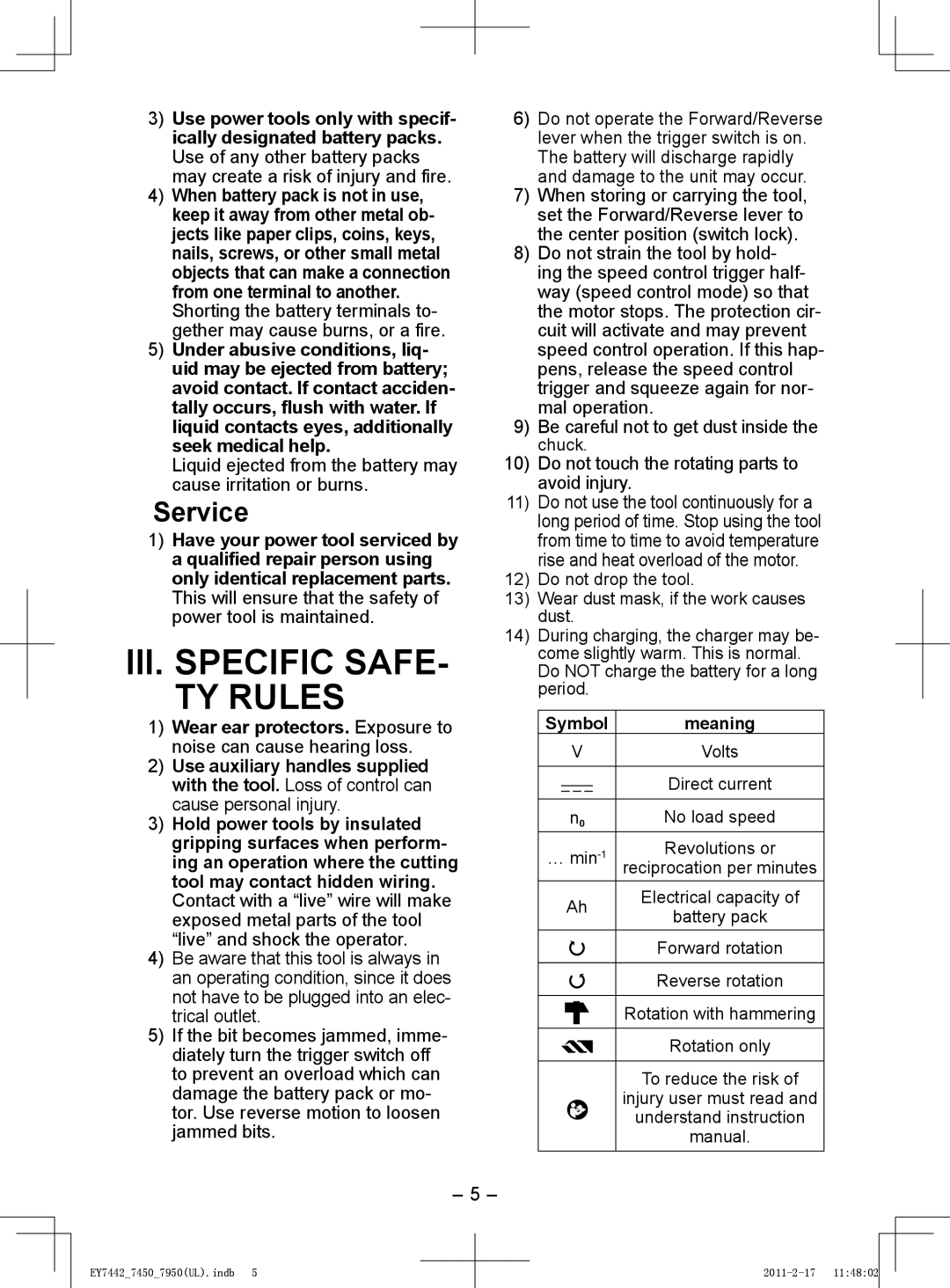 Panasonic EY7450, EY7950 operating instructions III. Specific SAFE- TY Rules, Service 