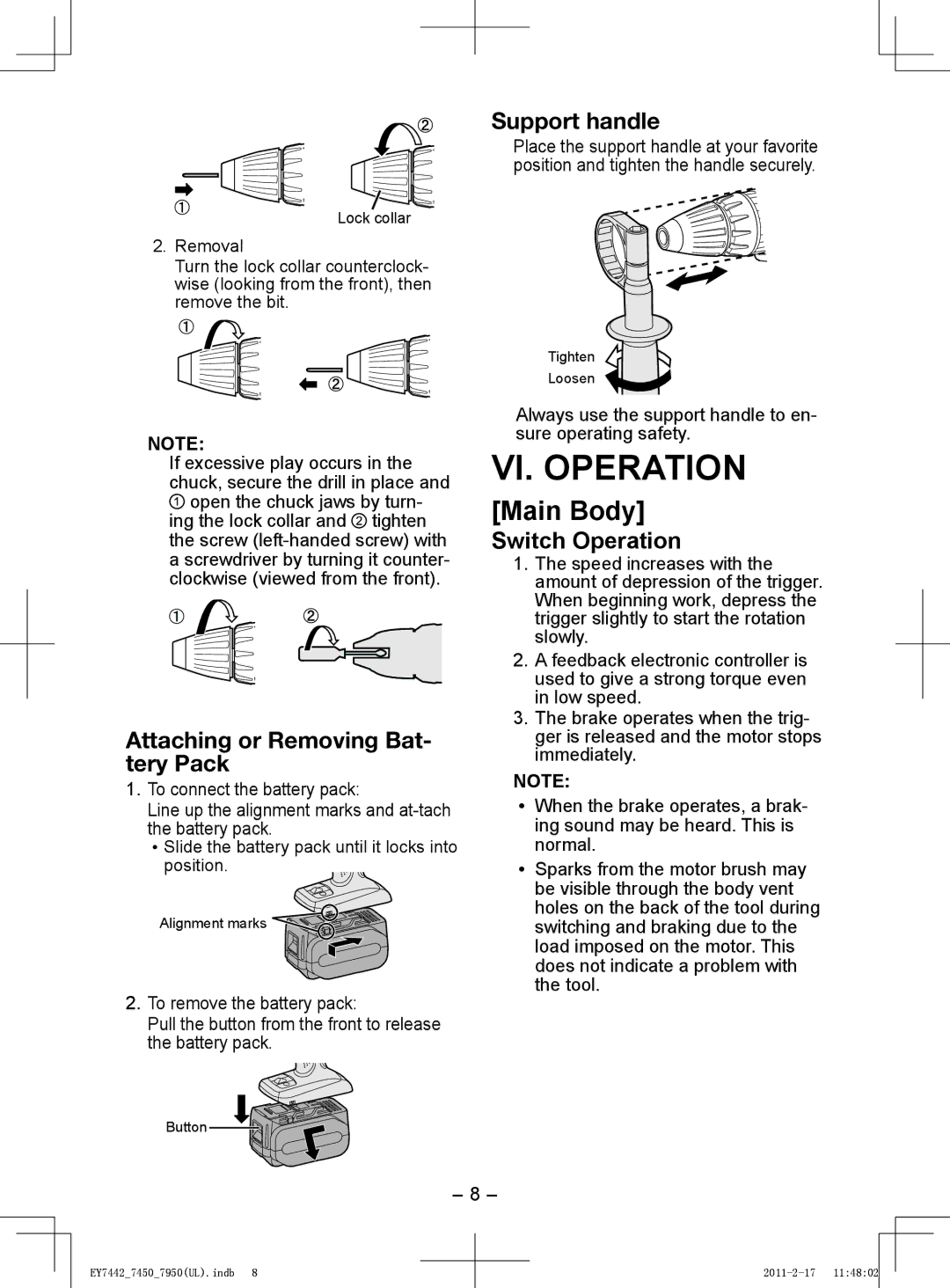 Panasonic EY7950, EY7450 VI. Operation, Main Body, Support handle, Attaching or Removing Bat- tery Pack, Switch Operation 