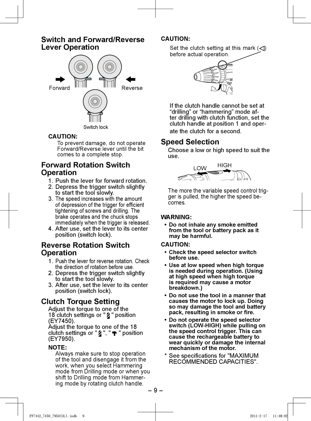 Panasonic EY7450, EY7950 Switch and Forward/Reverse Lever Operation, Forward Rotation Switch Operation, Speed Selection 