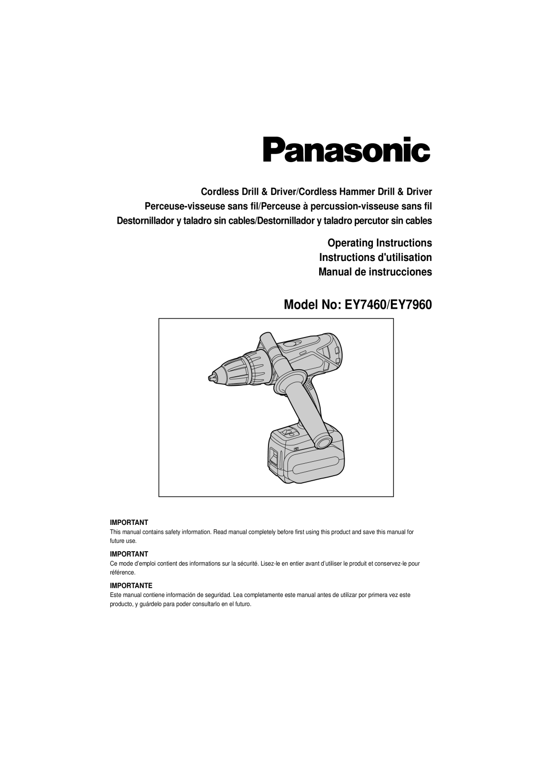 Panasonic operating instructions Model No EY7460/EY7960, Importante 