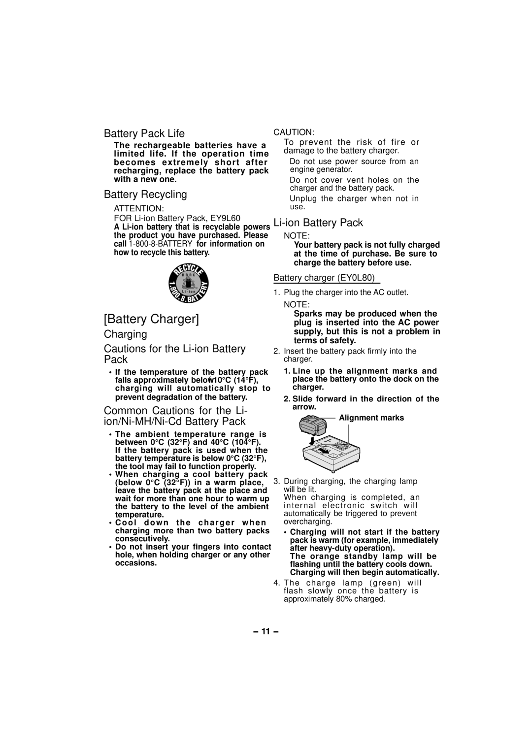 Panasonic EY7460, EY7960 operating instructions Battery Charger, Battery Pack Life, Battery Recycling, Charging 