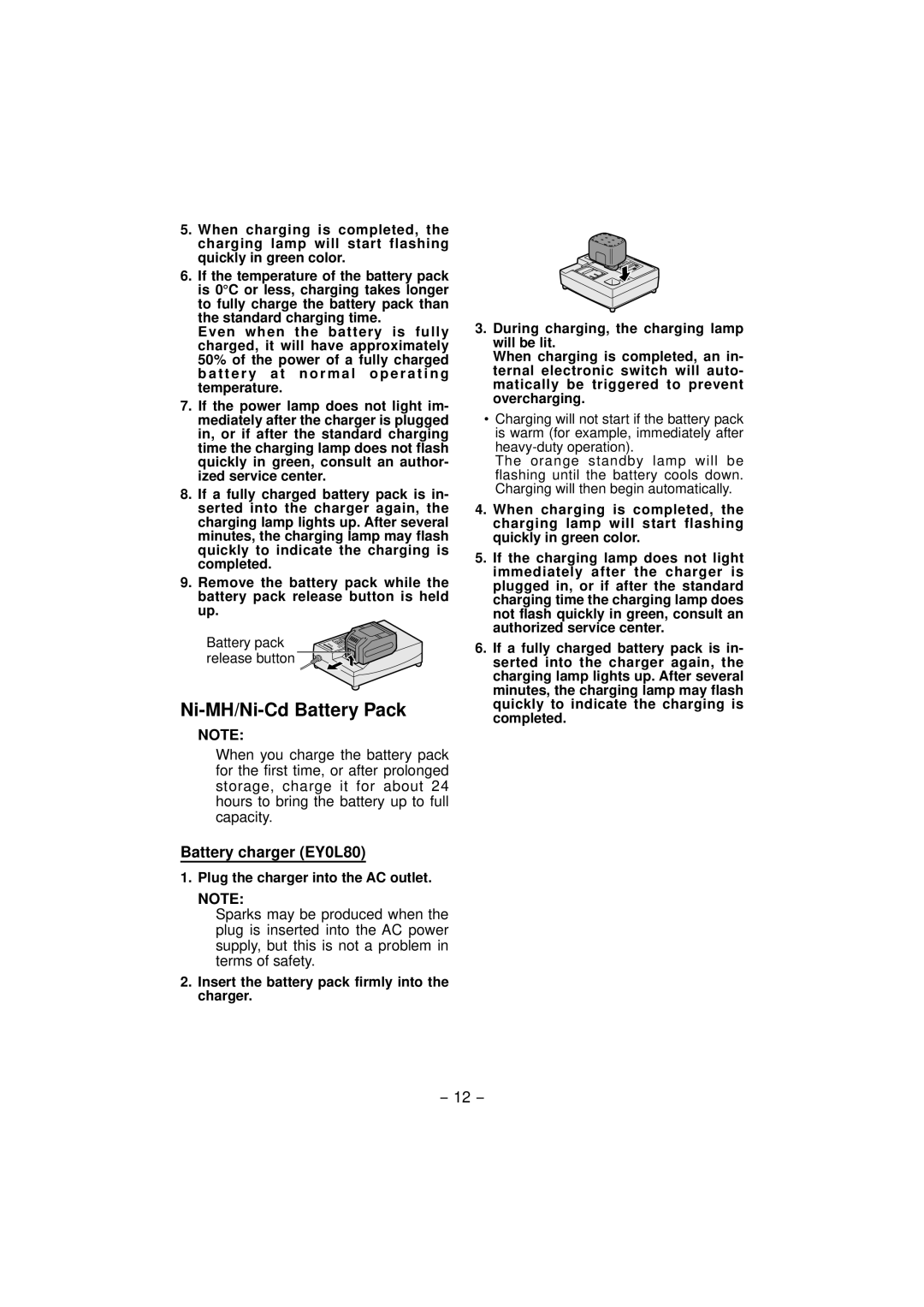 Panasonic EY7960, EY7460 operating instructions Ni-MH/Ni-Cd Battery Pack 