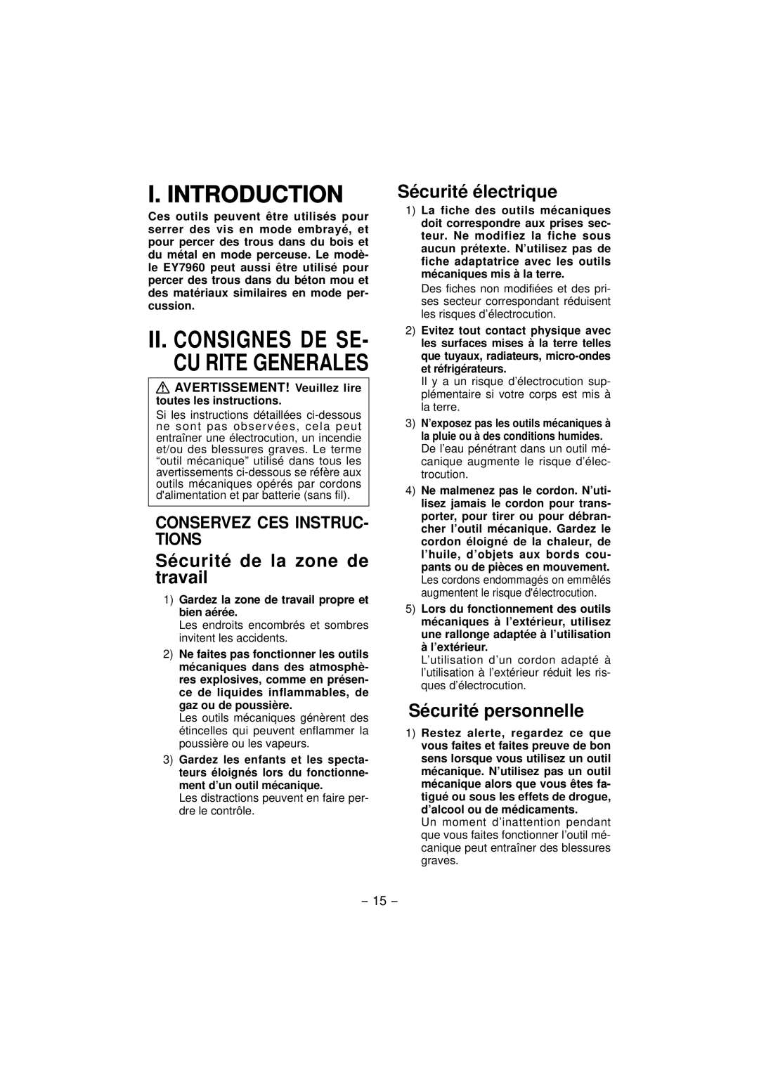 Panasonic EY7460 Sécurité de la zone de travail, Sécurité électrique, Sécurité personnelle, AVERTISSEMENT! Veuillez lire 