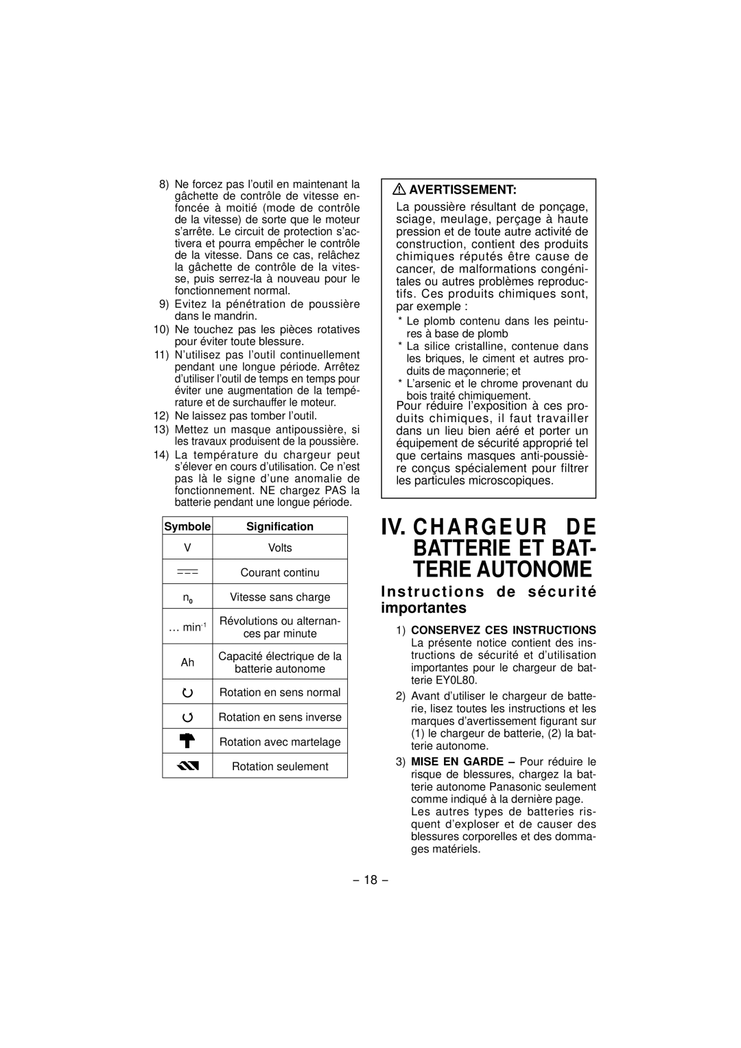 Panasonic EY7960, EY7460 operating instructions Instructions de sécurité importantes, Avertissement, Symbole Signification 