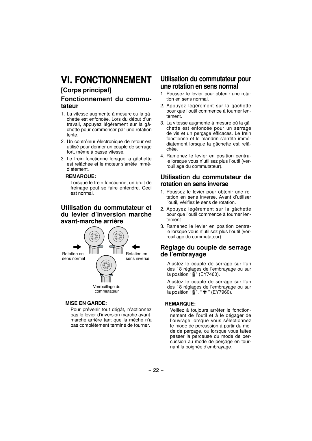 Panasonic EY7960 Corps principal Fonctionnement du commu- tateur, Utilisation du commutateur de rotation en sens inverse 