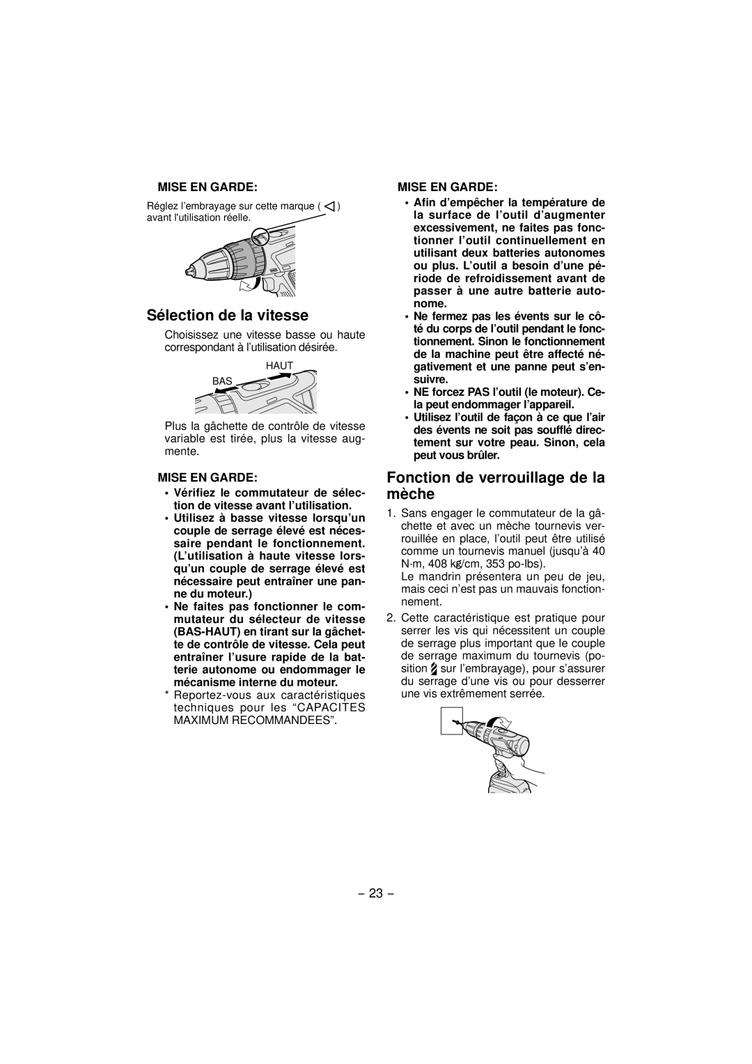 Panasonic EY7460, EY7960 operating instructions Sélection de la vitesse, Fonction de verrouillage de la mèche 