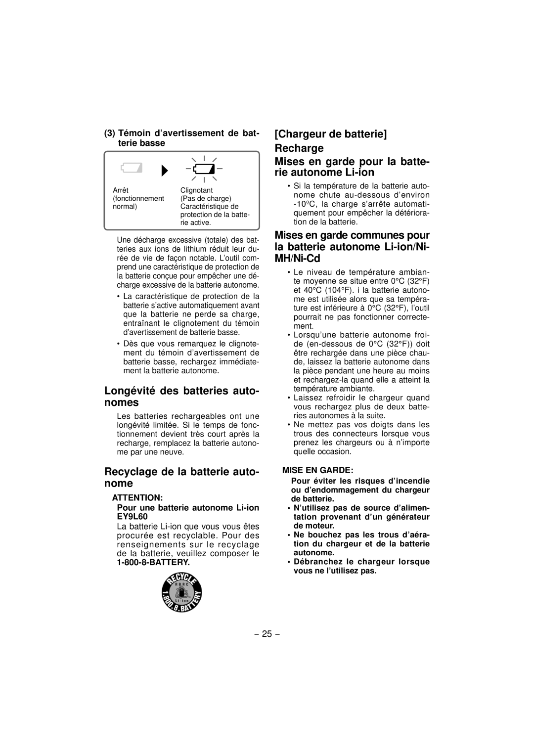 Panasonic EY7460, EY7960 Longévité des batteries auto- nomes, Recyclage de la batterie auto- nome, Battery 