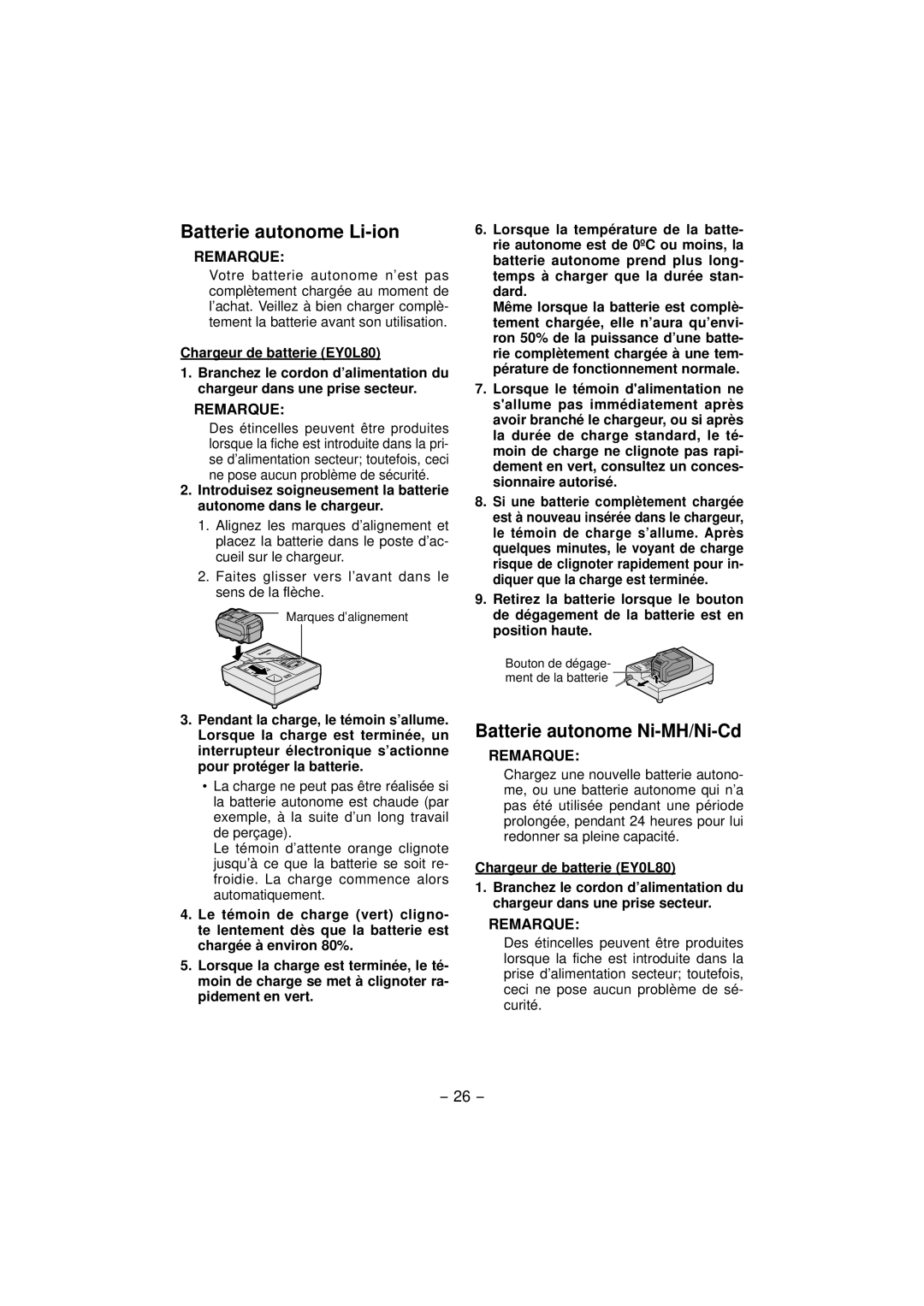 Panasonic EY7960, EY7460 operating instructions Batterie autonome Li-ion, Batterie autonome Ni-MH/Ni-Cd 