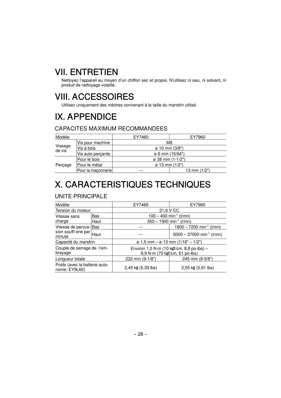 Panasonic EY7960, EY7460 VII. Entretien, VIII. Accessoires, IX. Appendice, Caracteristiques Techniques 