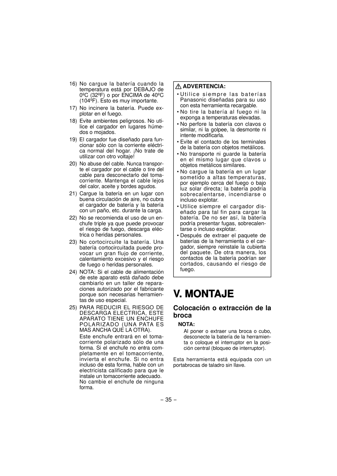 Panasonic EY7460, EY7960 operating instructions Montaje, Colocación o extracción de la broca, Nota 