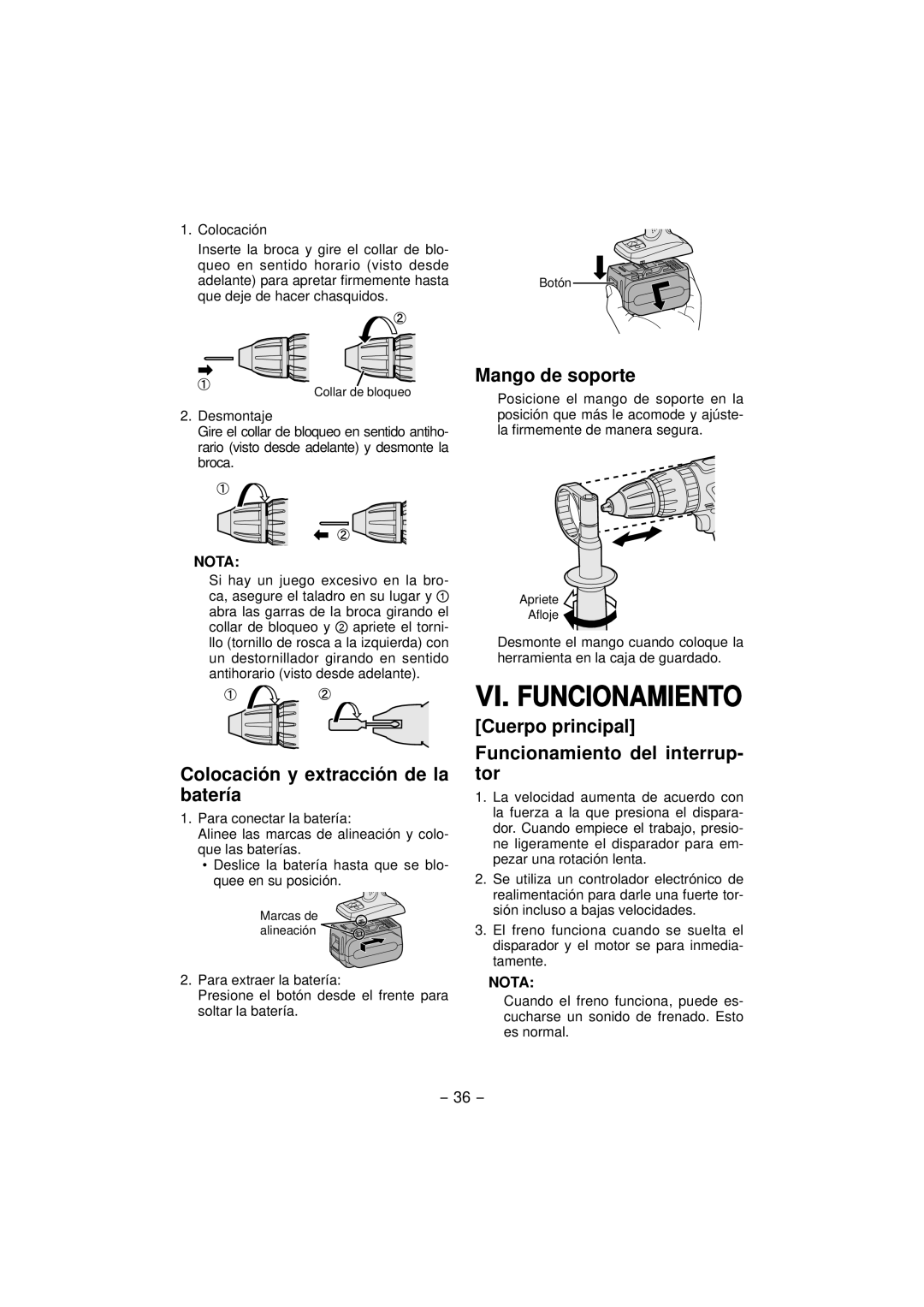 Panasonic EY7960, EY7460 operating instructions VI. Funcionamiento, Colocación y extracción de la batería, Mango de soporte 