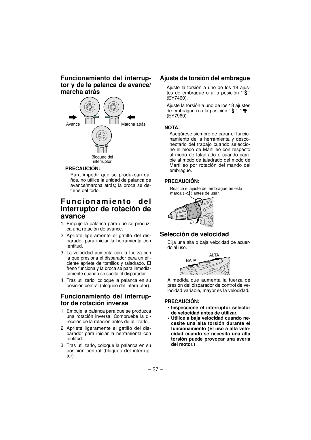 Panasonic EY7460, EY7960 Funcionamiento del interrup- tor de rotación inversa, Ajuste de torsión del embrague, Precaución 