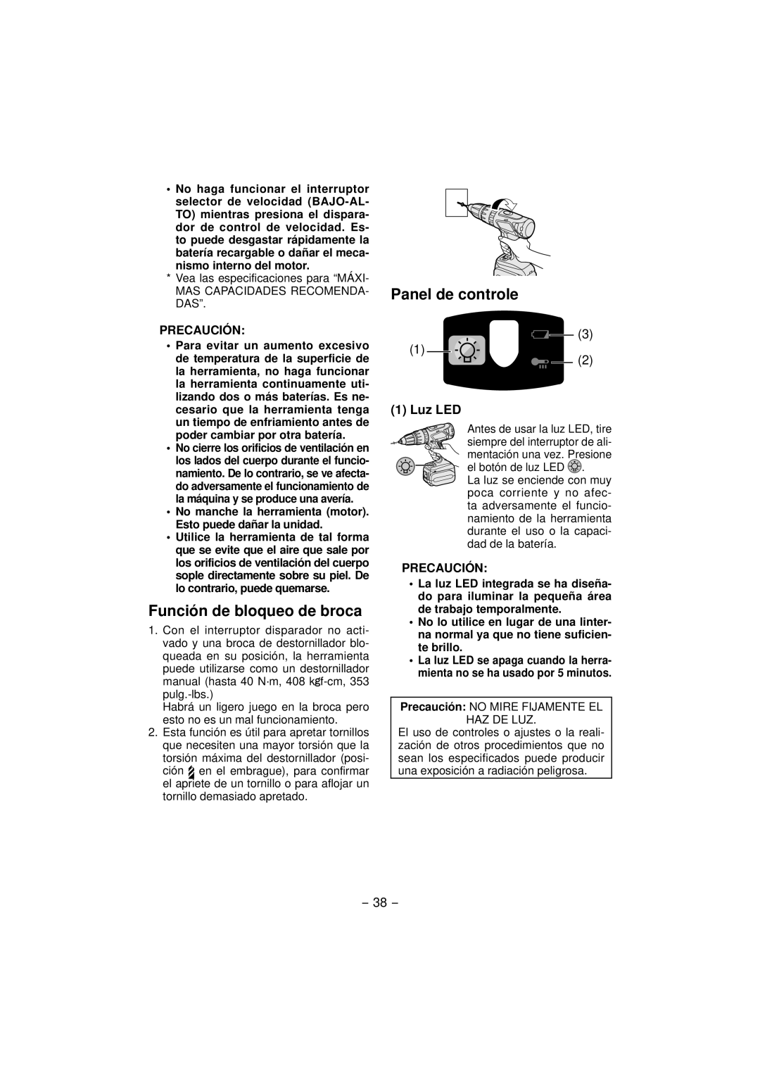 Panasonic EY7960, EY7460 operating instructions Panel de controle, Función de bloqueo de broca, Luz LED 