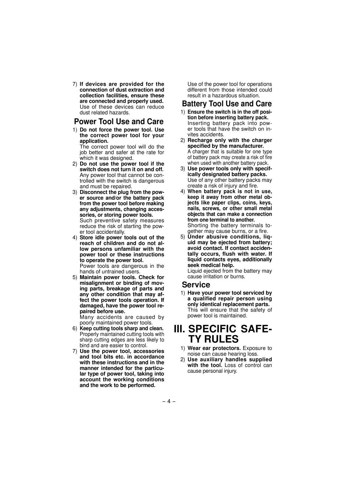 Panasonic EY7960, EY7460 operating instructions III. Specific SAFE- TY Rules, Battery Tool Use and Care, Service 