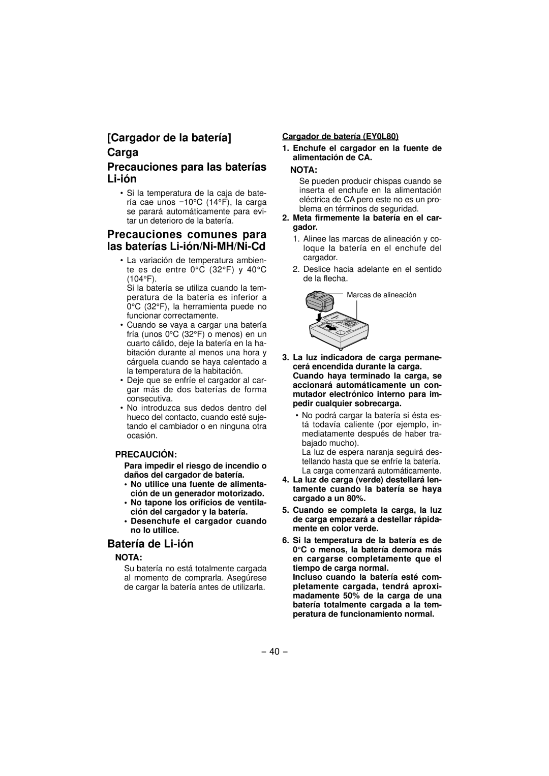 Panasonic EY7960, EY7460 operating instructions Precauciones comunes para las baterías Li-ión/Ni-MH/Ni-Cd, Batería de Li-ión 