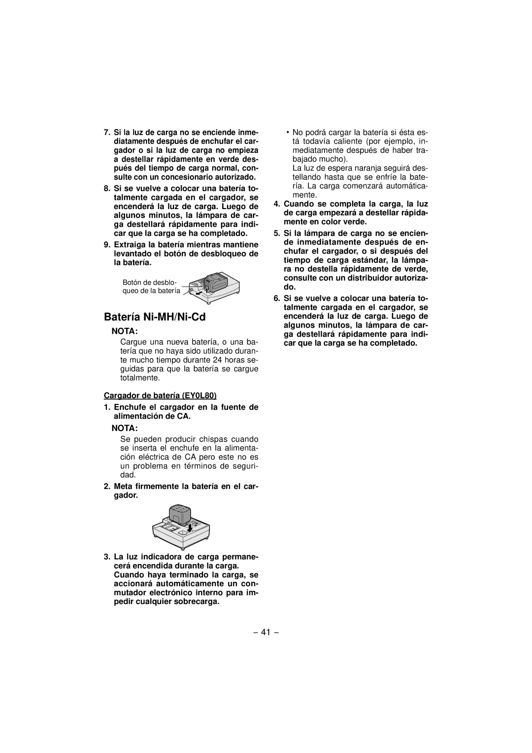 Panasonic EY7460, EY7960 operating instructions Batería Ni-MH/Ni-Cd 