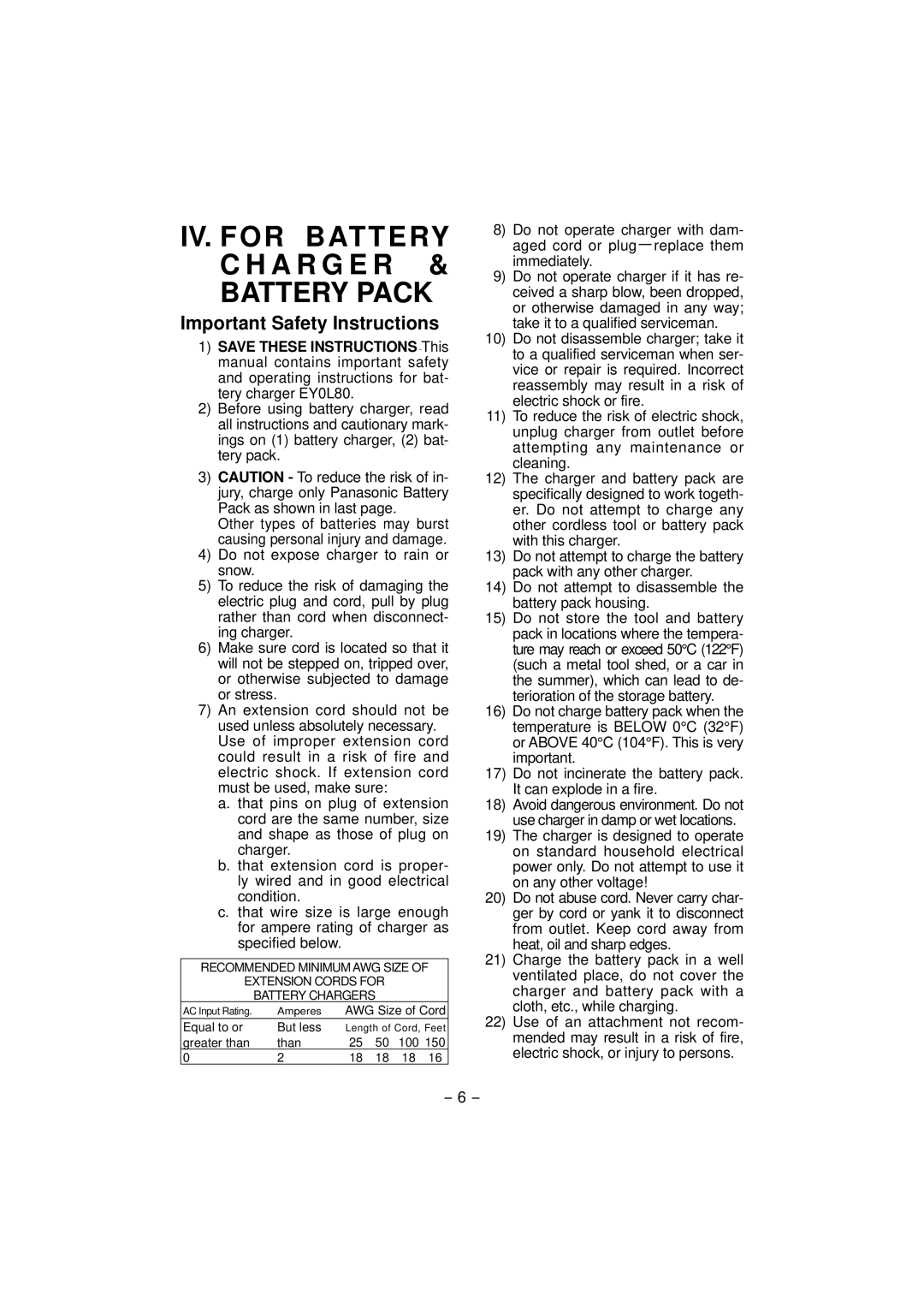 Panasonic EY7960, EY7460 operating instructions IV. for Battery C H a R G E R & Battery Pack, Important Safety Instructions 