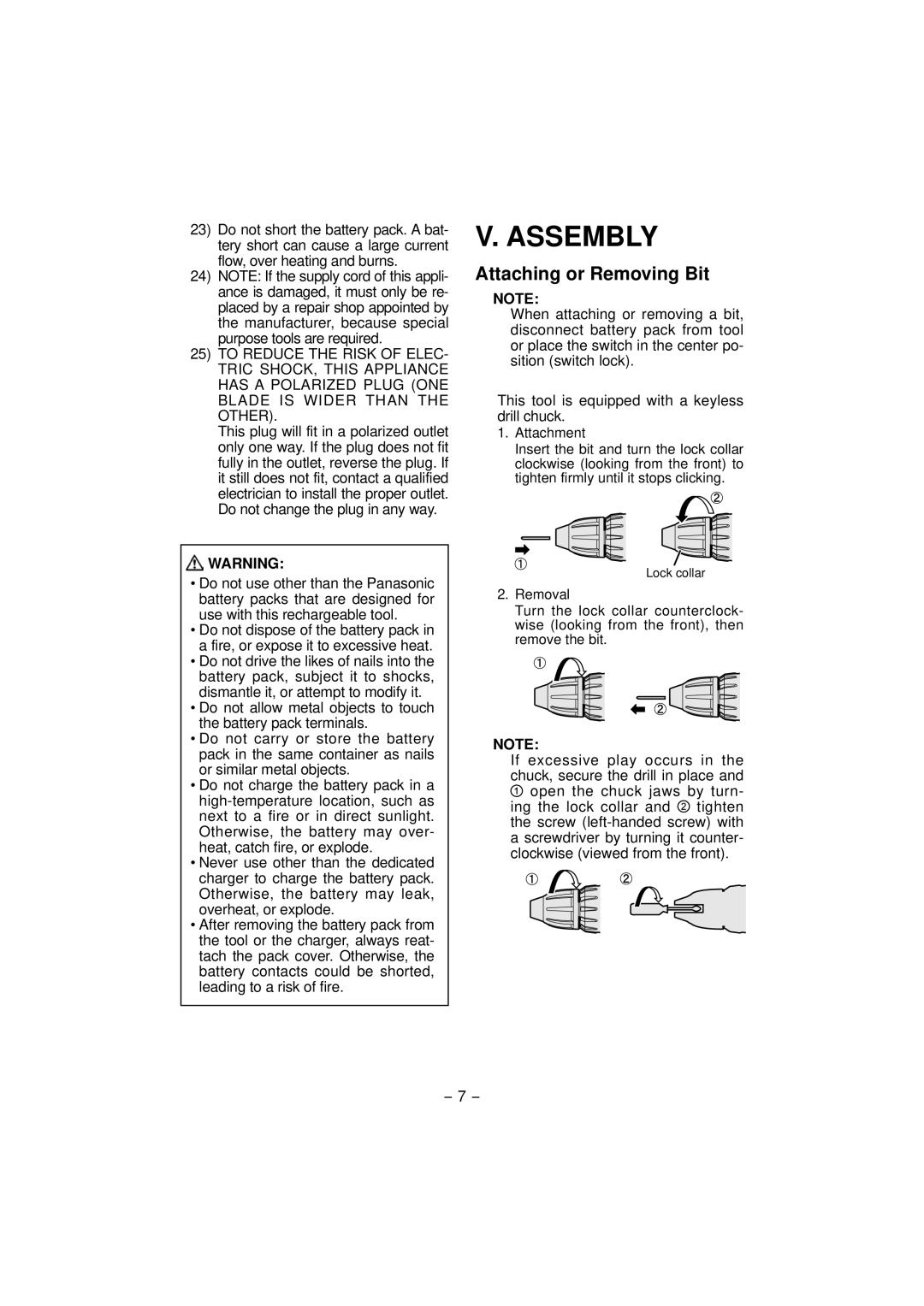 Panasonic EY7460, EY7960 operating instructions Assembly, Attaching or Removing Bit 