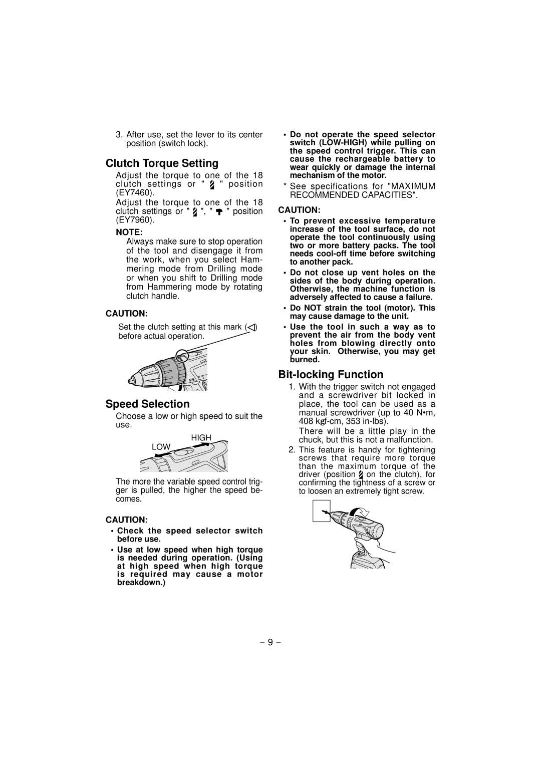 Panasonic EY7460, EY7960 operating instructions Clutch Torque Setting, Speed Selection, Bit-locking Function 