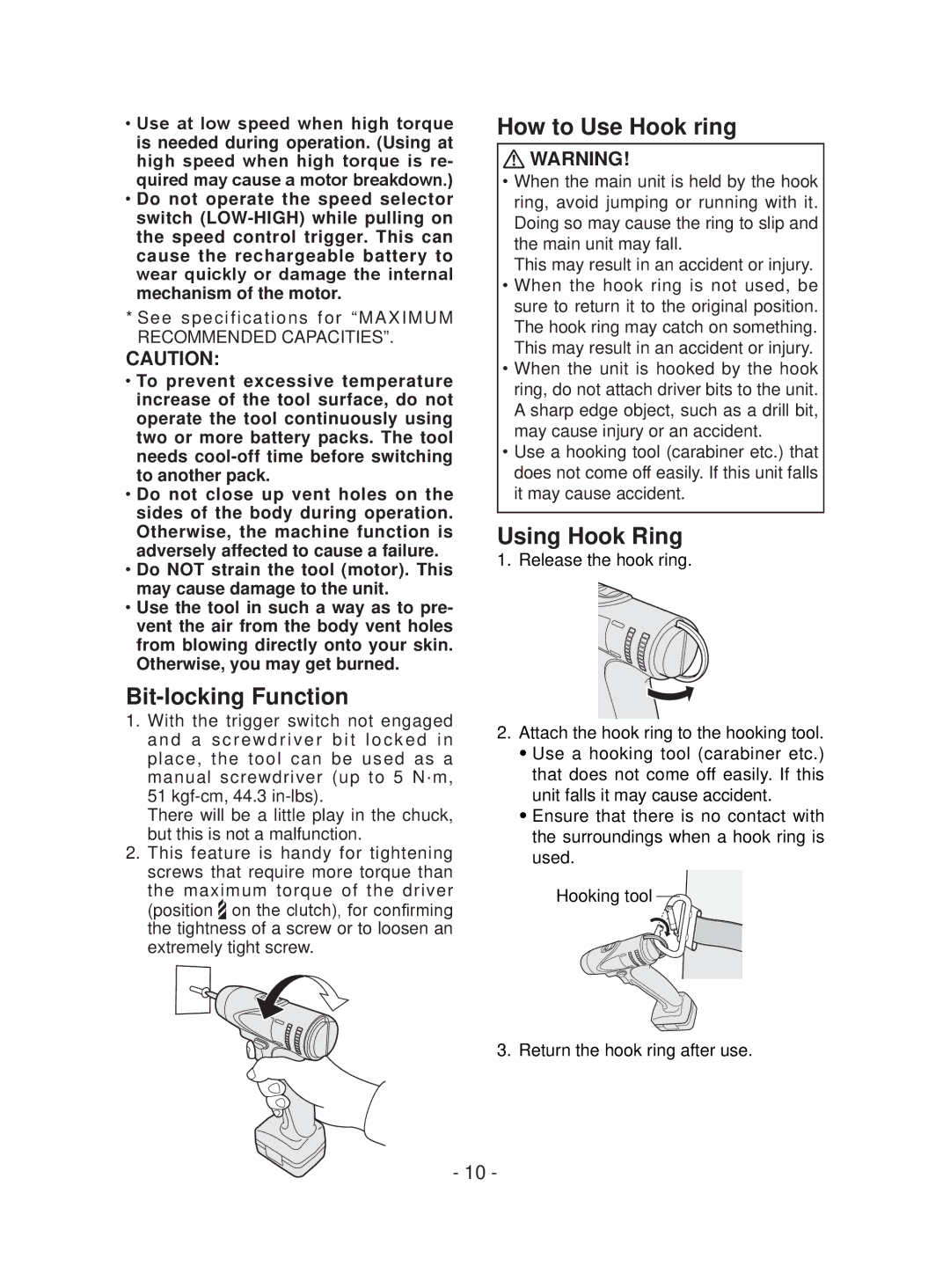 Panasonic EYFEA1N operating instructions Bit-locking Function, How to Use Hook ring, Using Hook Ring 