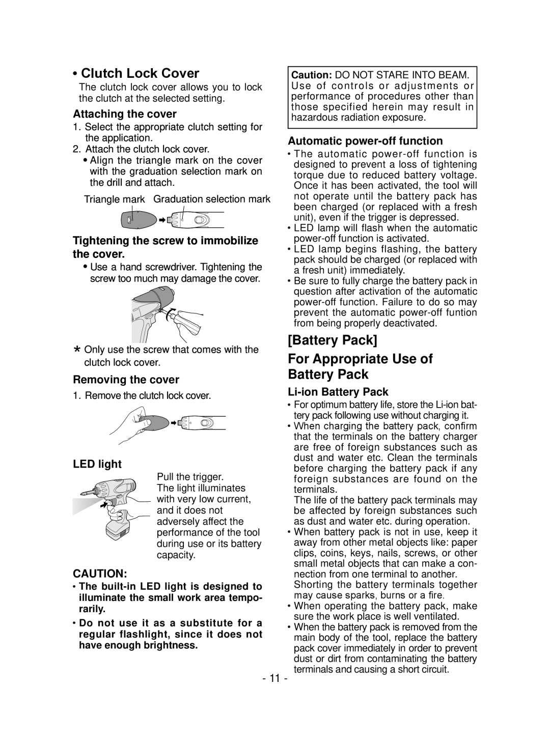 Panasonic EYFEA1N operating instructions Clutch Lock Cover, Battery Pack For Appropriate Use 