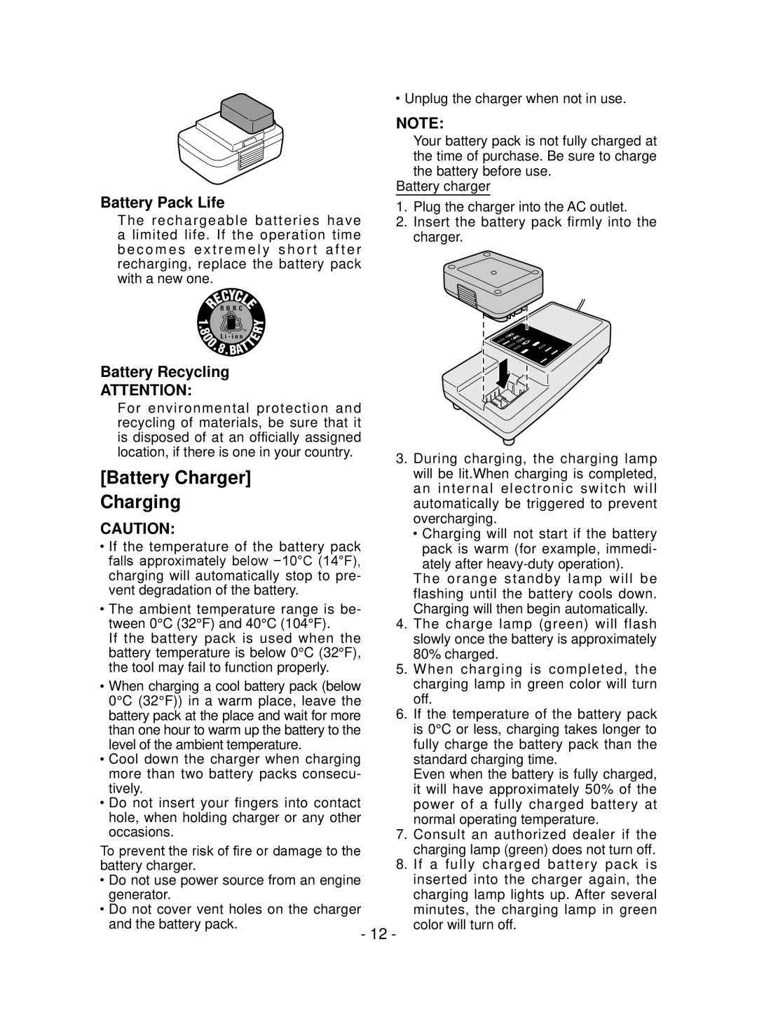 Panasonic EYFEA1N operating instructions Battery Charger Charging, Battery Pack Life, Battery Recycling 